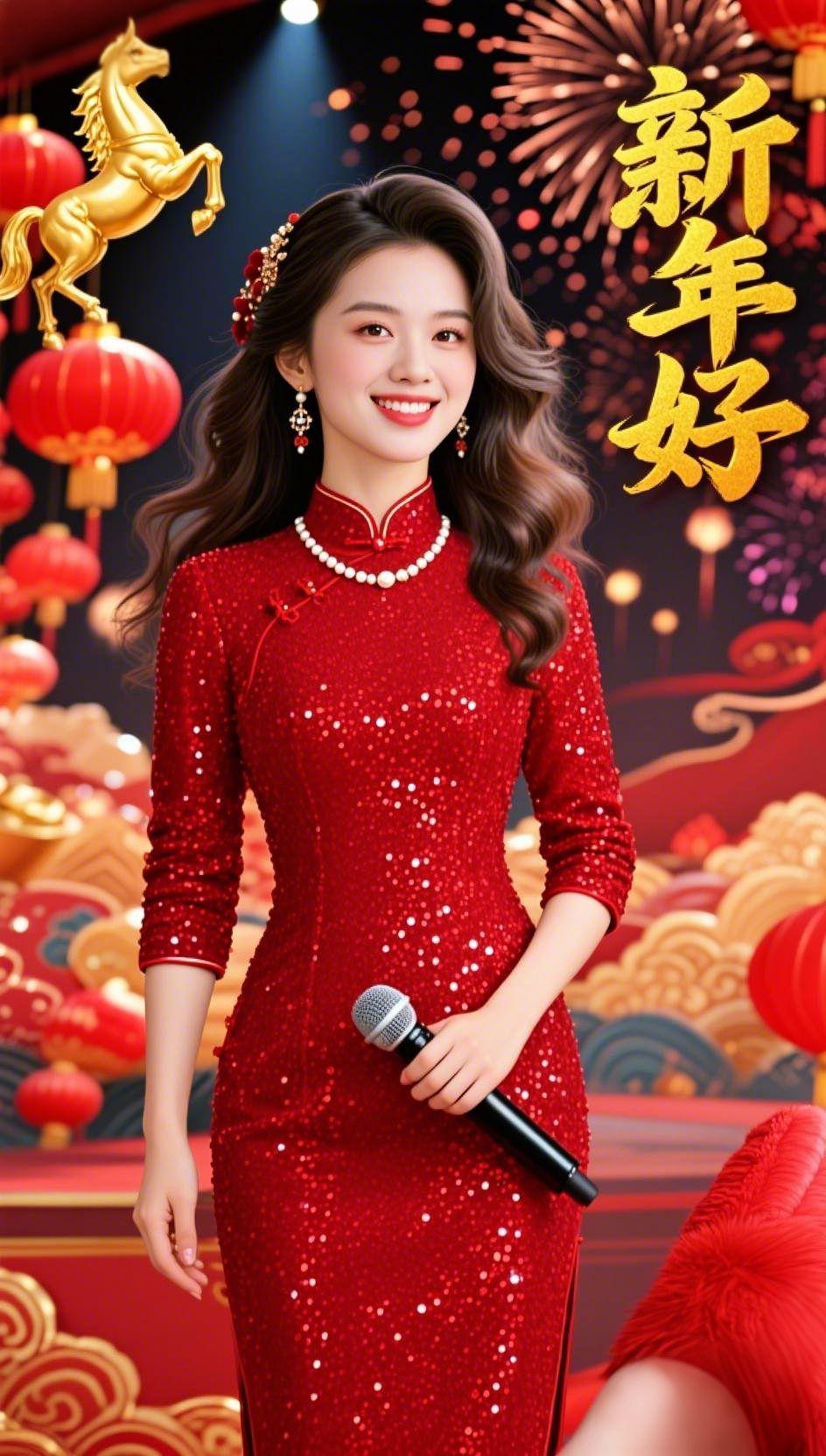 《红妆栖岁暖》
 
烟火裹着灯笼的红漫开，亮片旗袍浸了新年的暖——发间钗钿轻晃，