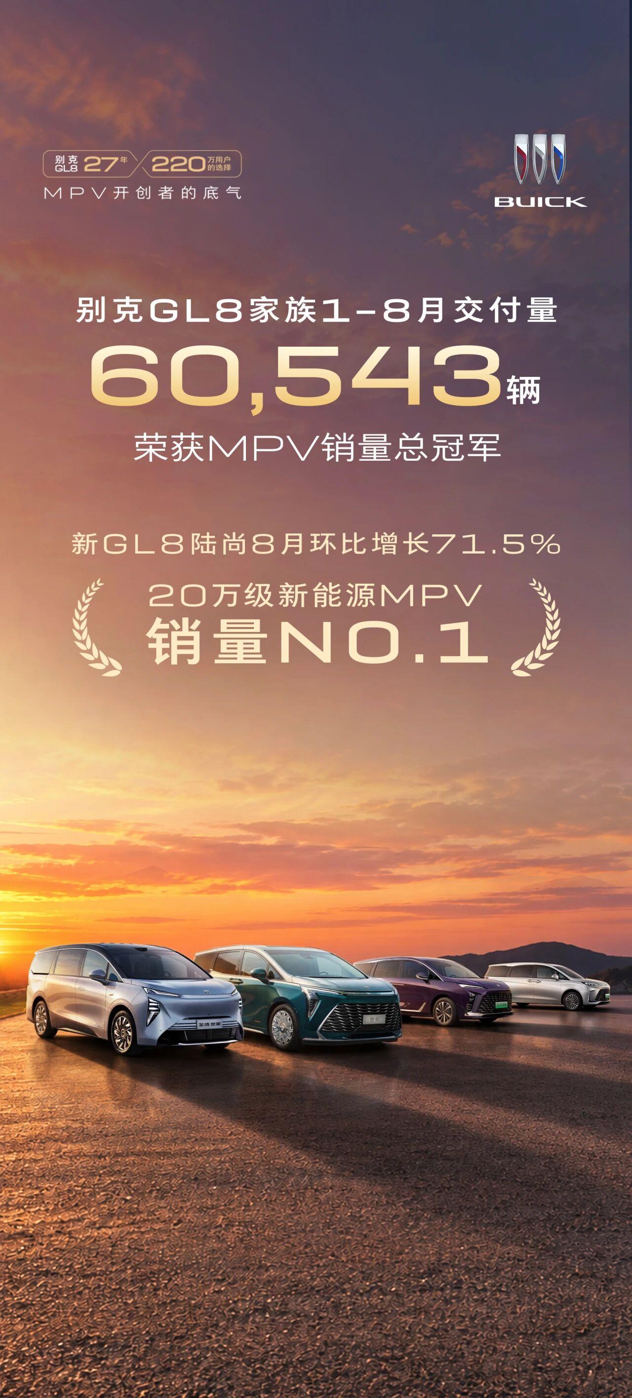 上汽通用别克GL8家族荣获1-8月MPV销量冠军