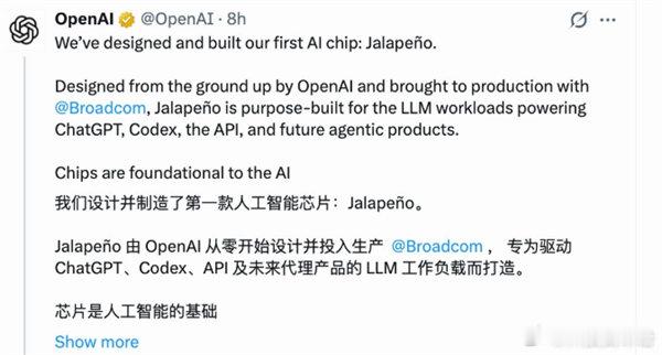 【OpenAI发布自研AI芯片 取名墨西哥辣椒 从设计到流片仅9个月】OpenA
