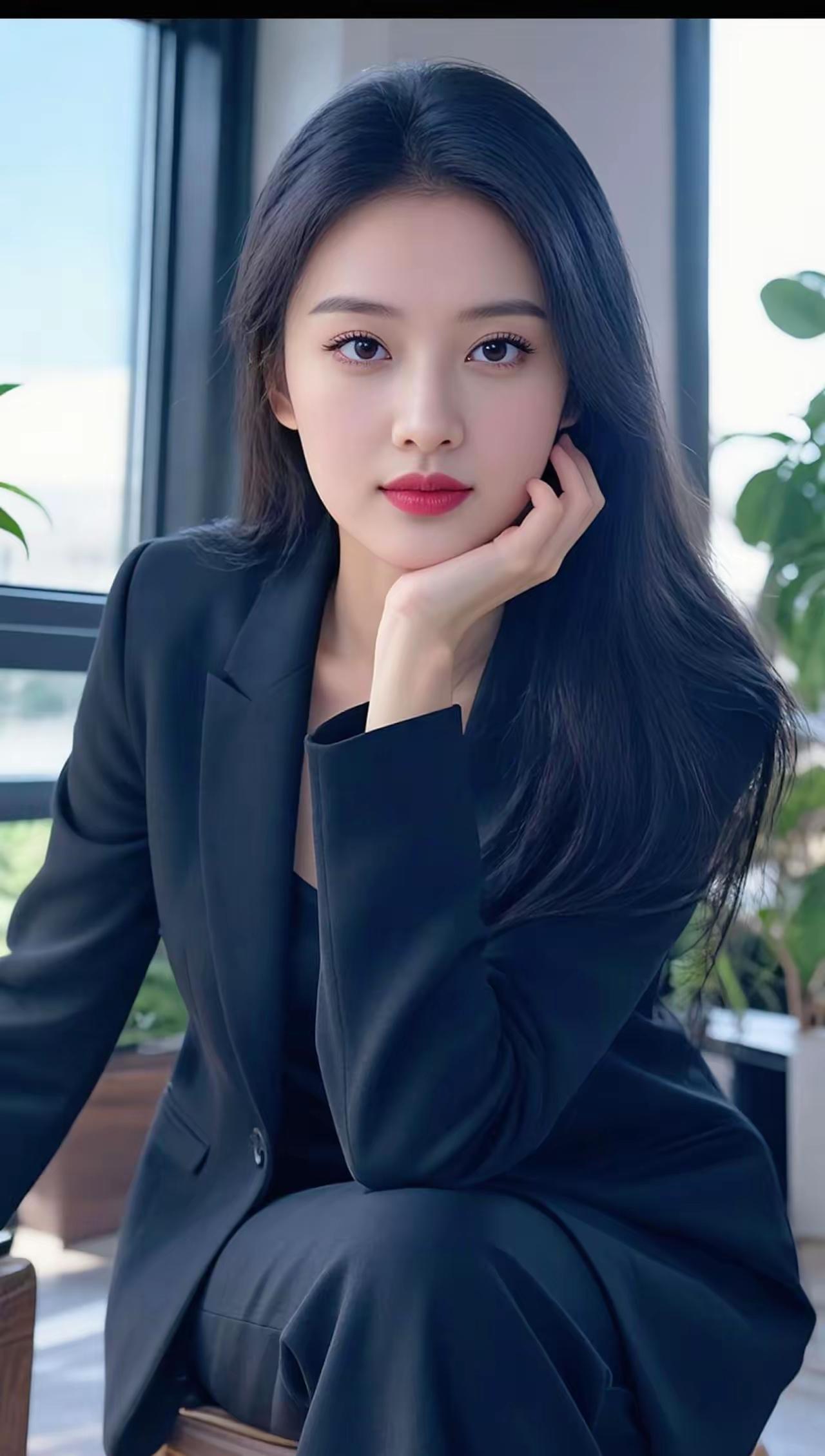 优雅职场女性，自信微笑，黑西装搭配红唇，尽显时尚魅力！