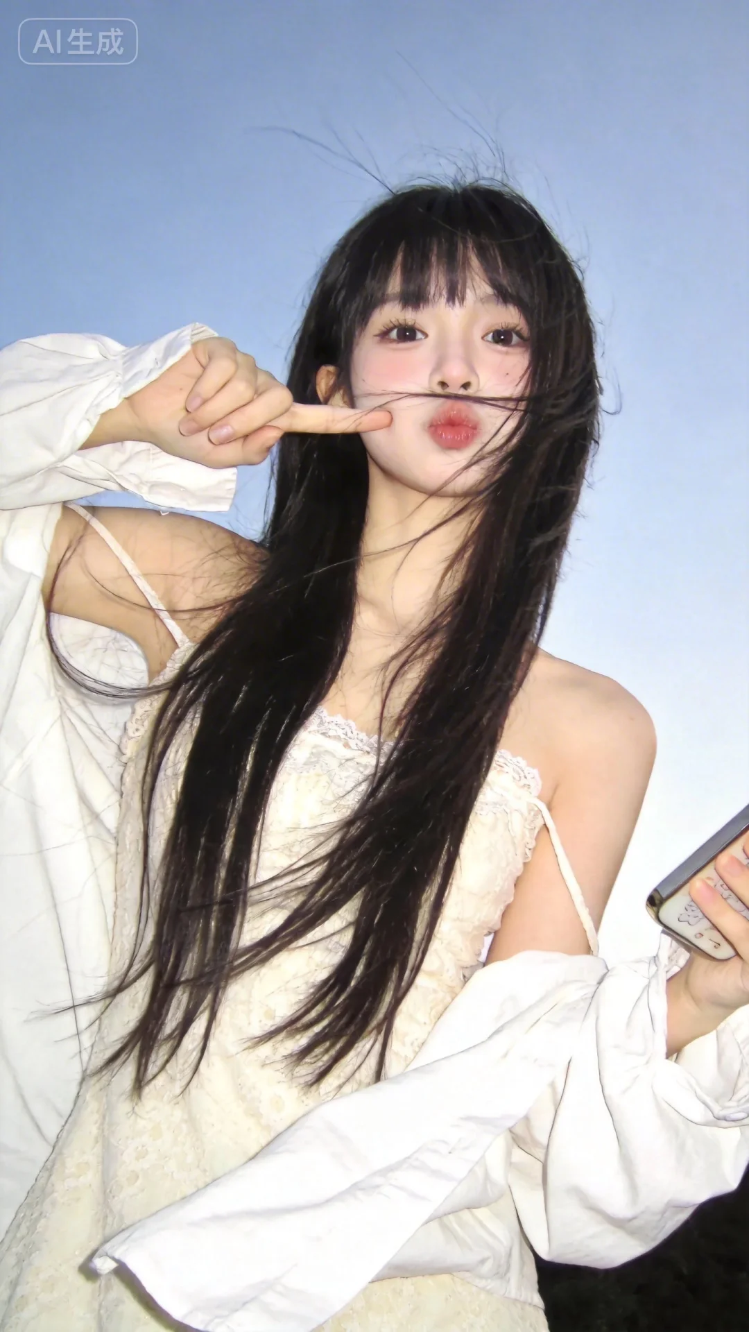 一位长发及腰、模样似洋娃娃般可爱的女生。低角度垂直仰拍看向镜头，失焦感...