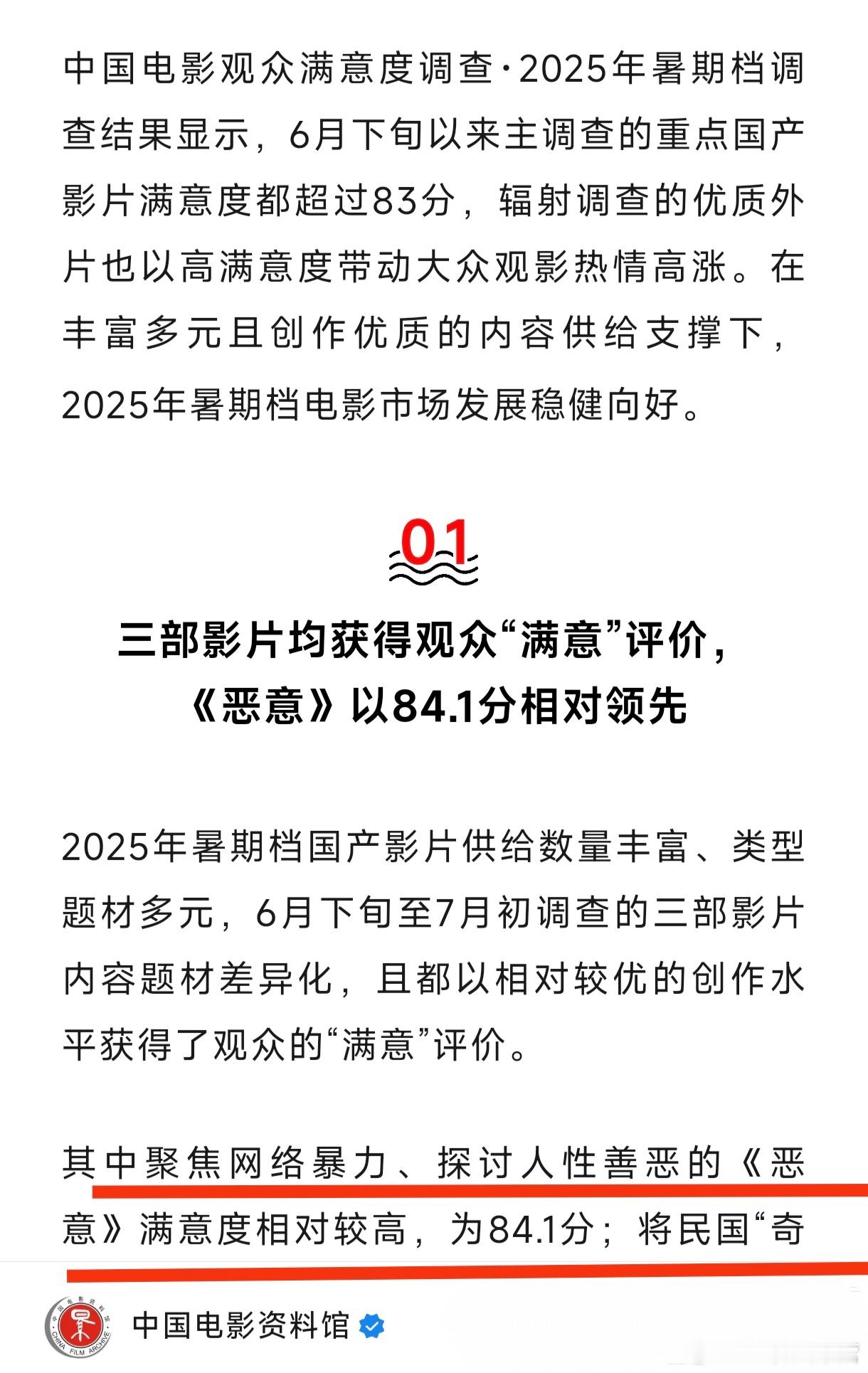 中国电影资料馆——暑期档电影观众满意度调查，《恶意》以84.1的高分，领先暑期档
