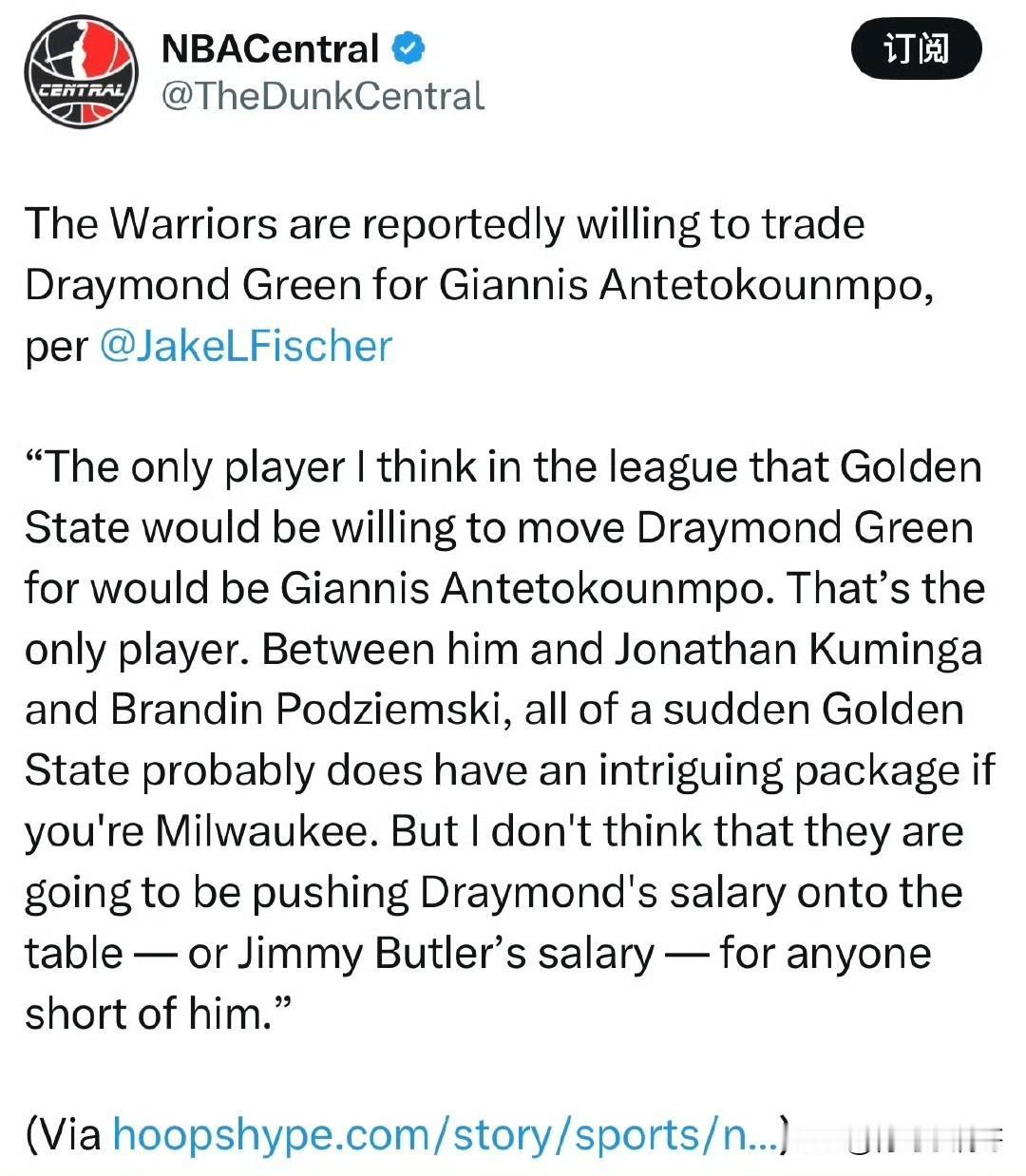 追梦不是非卖品！！！如果可以得到字母哥，勇士愿意送出格林！

根据记者Jake 