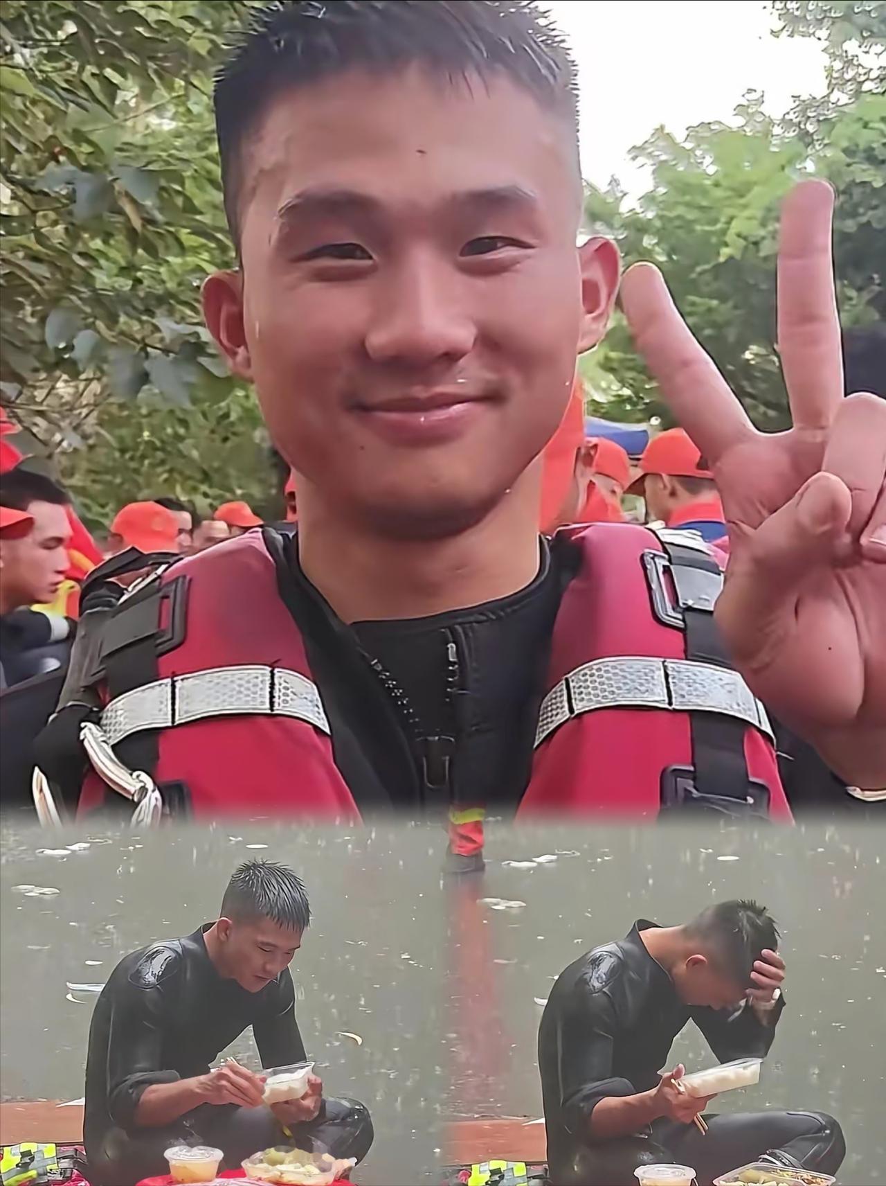 火遍全网的雨中就餐消防员，正面照片来了！他叫梁焕，今年26岁，加入消防救援队伍已