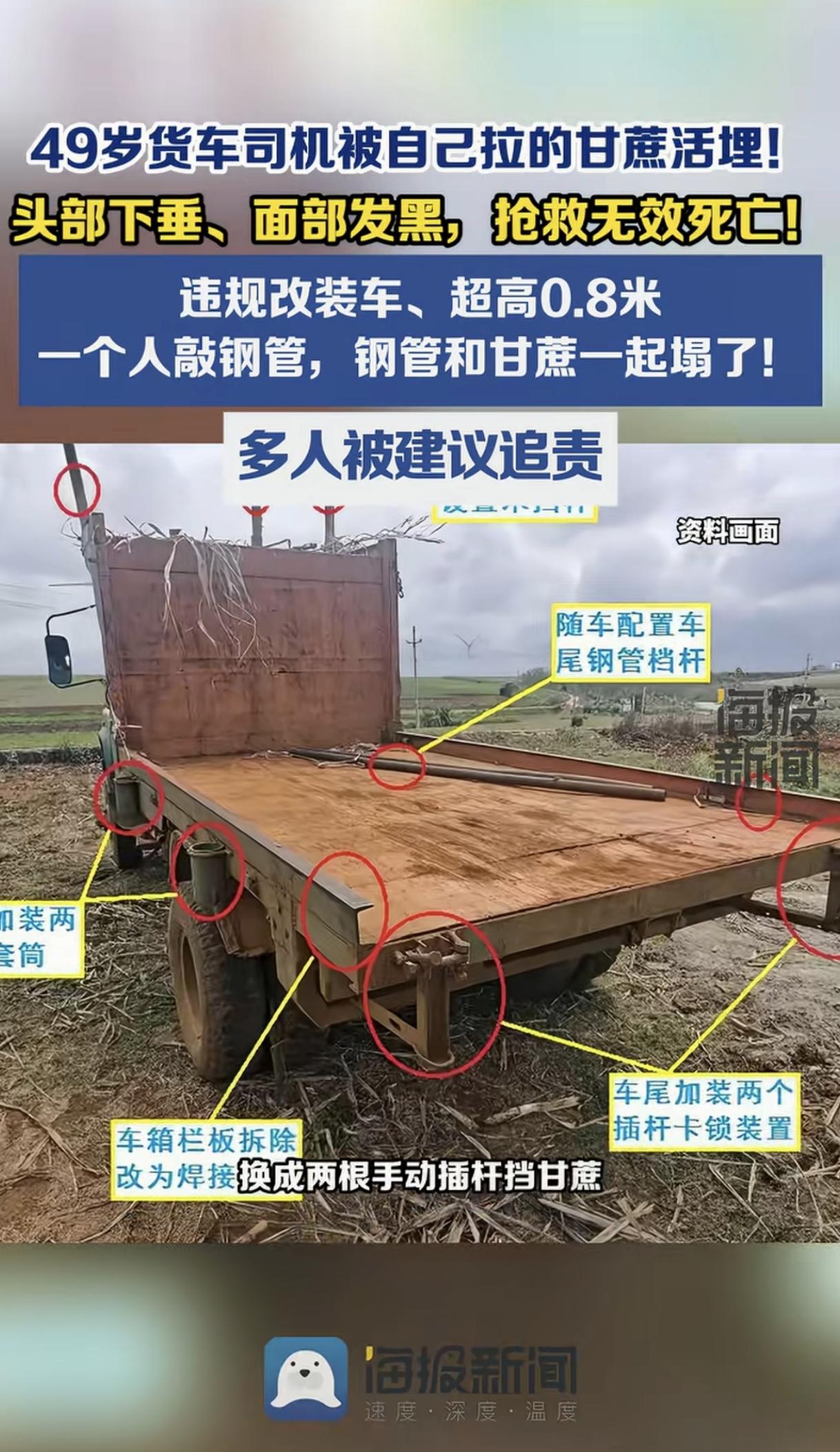 “太痛心了!” 广东，一名49岁男子为了能多拉甘蔗，脑洞大开，私自将货车两侧栏板