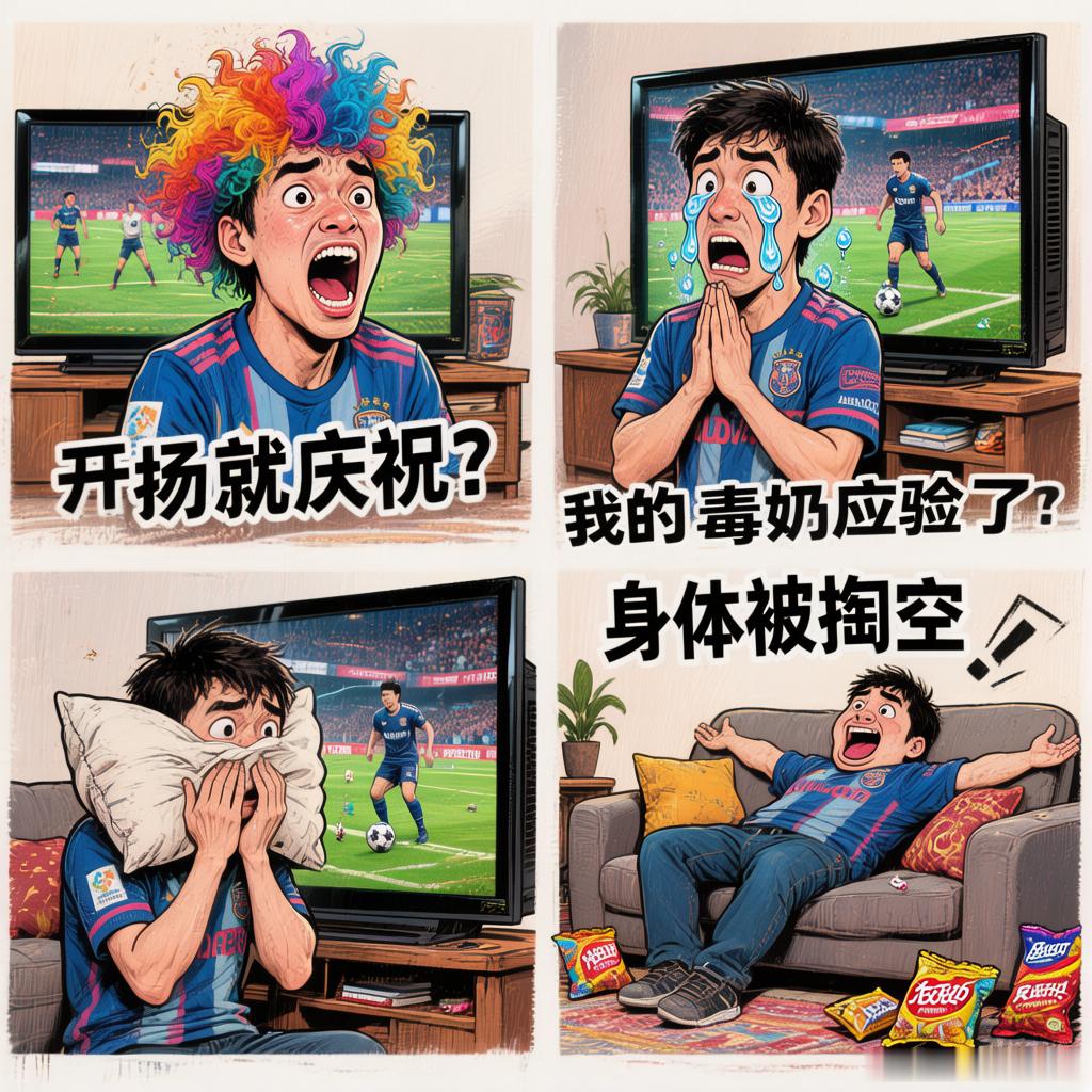 图1：开赛前（自信）图2：赛程过半（焦虑）图3：点球大战（不敢看）图4：比赛结束