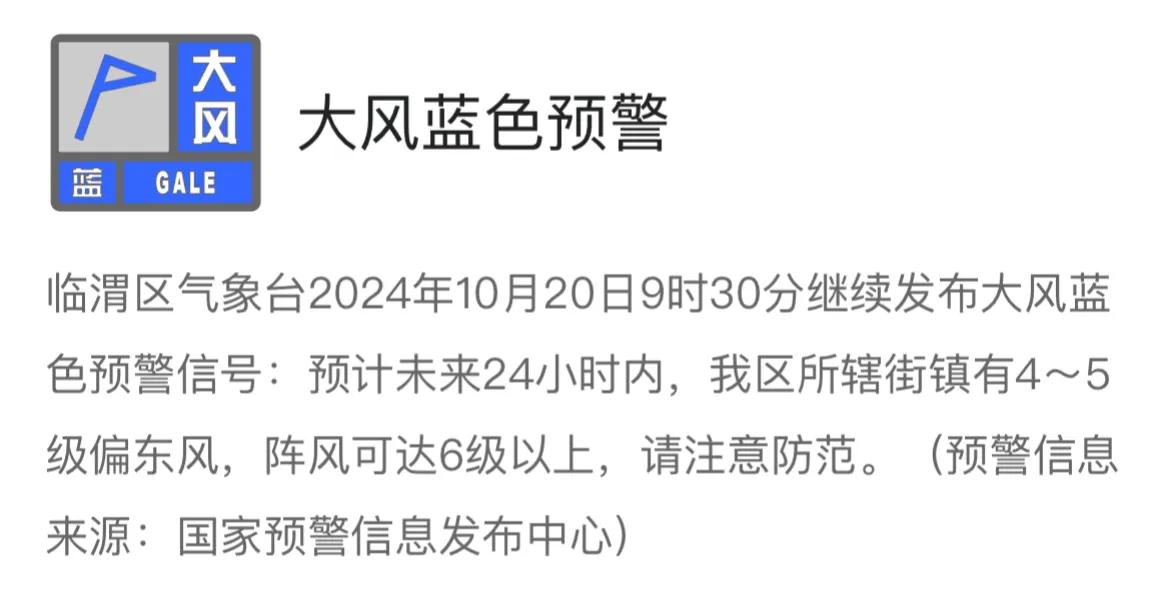 #天气预警# 临渭区气象台2024年10月20日9时30分继续发布大风蓝色预警信