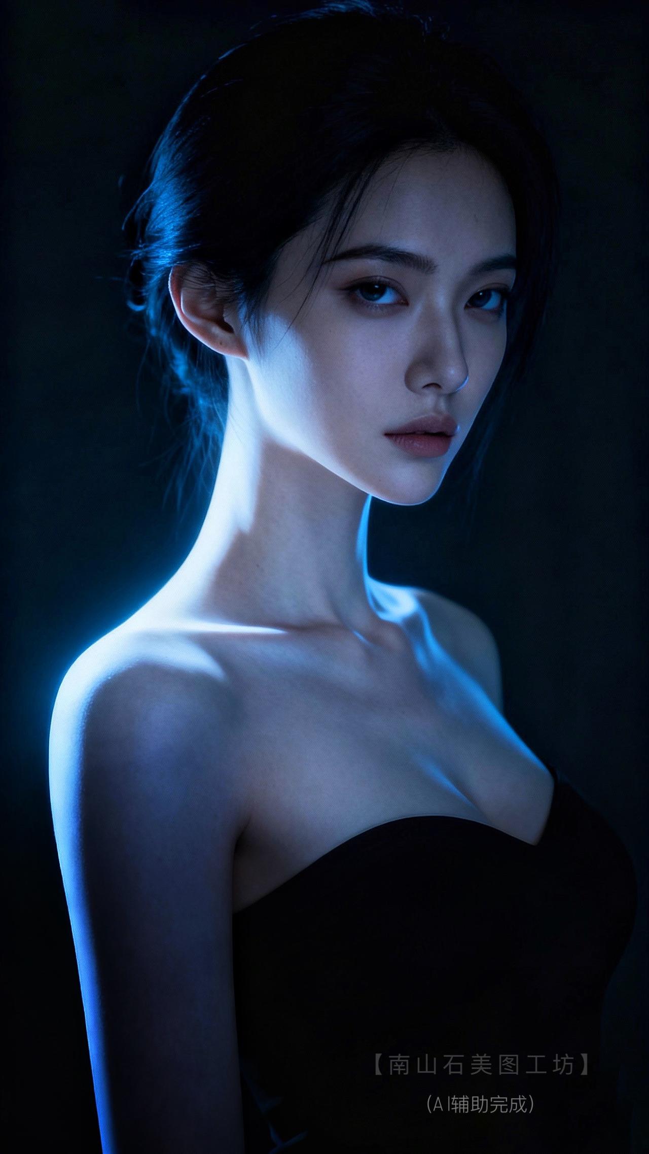 暗夜蓝调如星瀑倾落，她一袭墨色抹胸裙，肩颈似天鹅颈优雅舒展，发丝轻绾，眼含沉静星