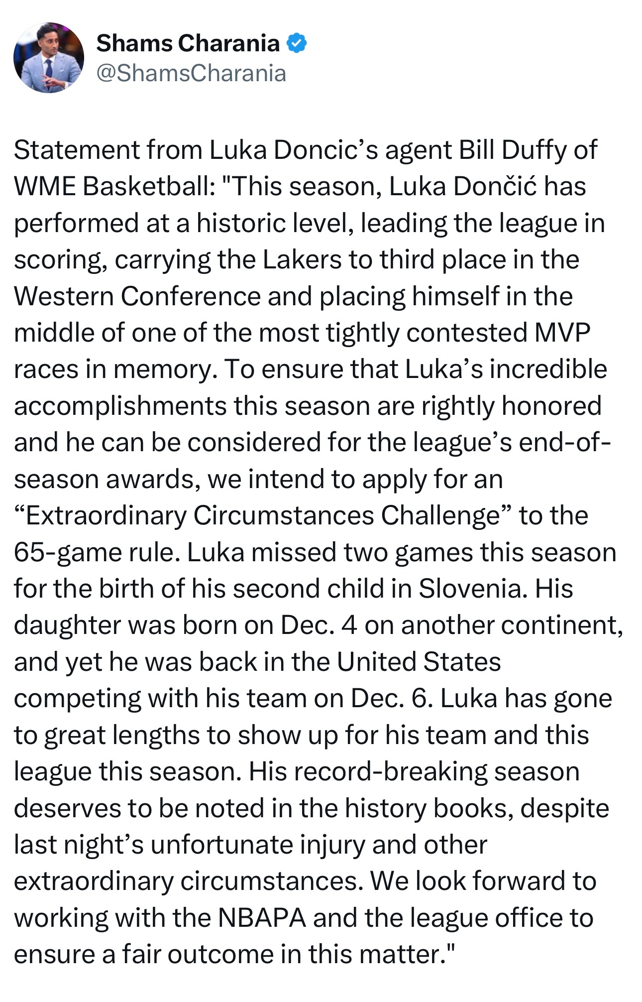 东契奇的经纪人比尔·达菲发表声明：“本赛季，卢卡的表现堪称历史级，他不仅是联盟得