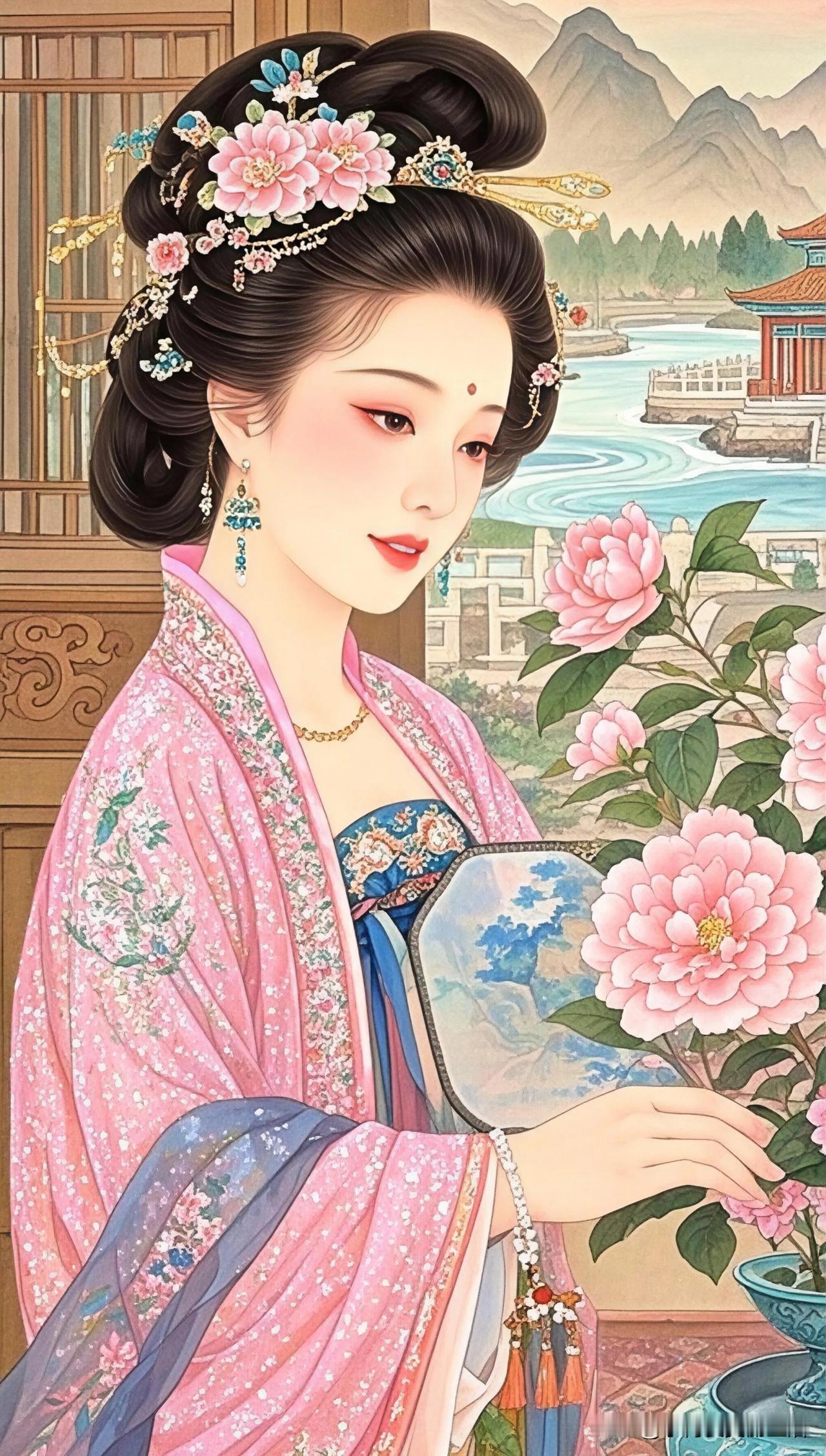 穿越千年的古典美人，手持团扇，静看桃花盛开。