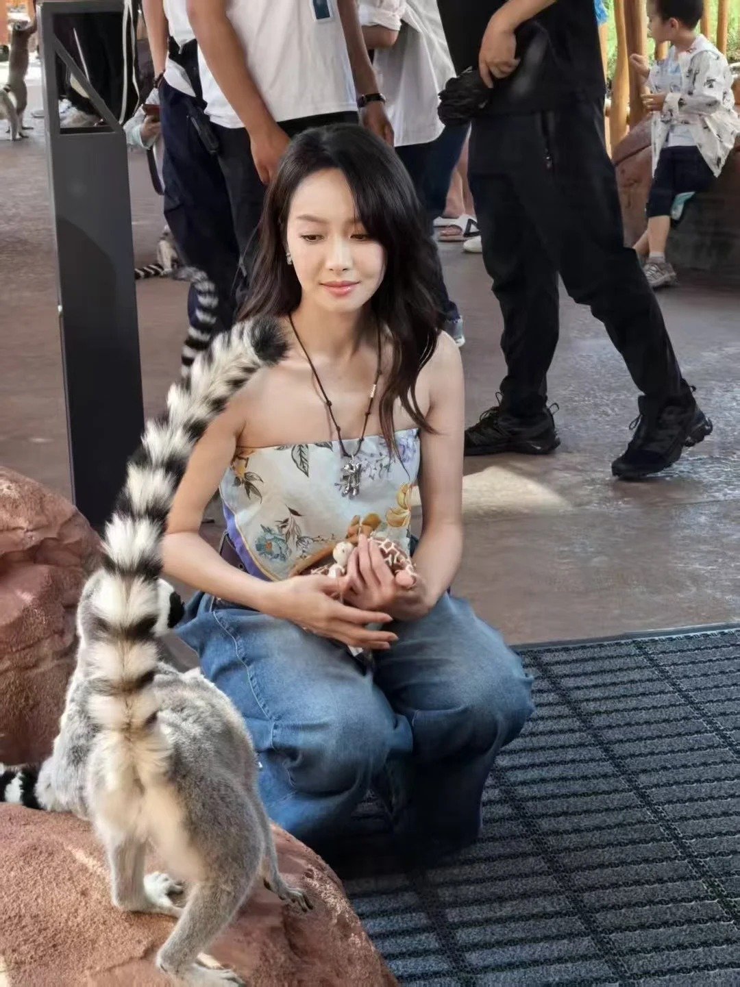 被偶遇去看环尾狐猴和长颈鹿的宋茜，漂亮姐姐和动物来个亲密接触~大波浪简单但实在美
