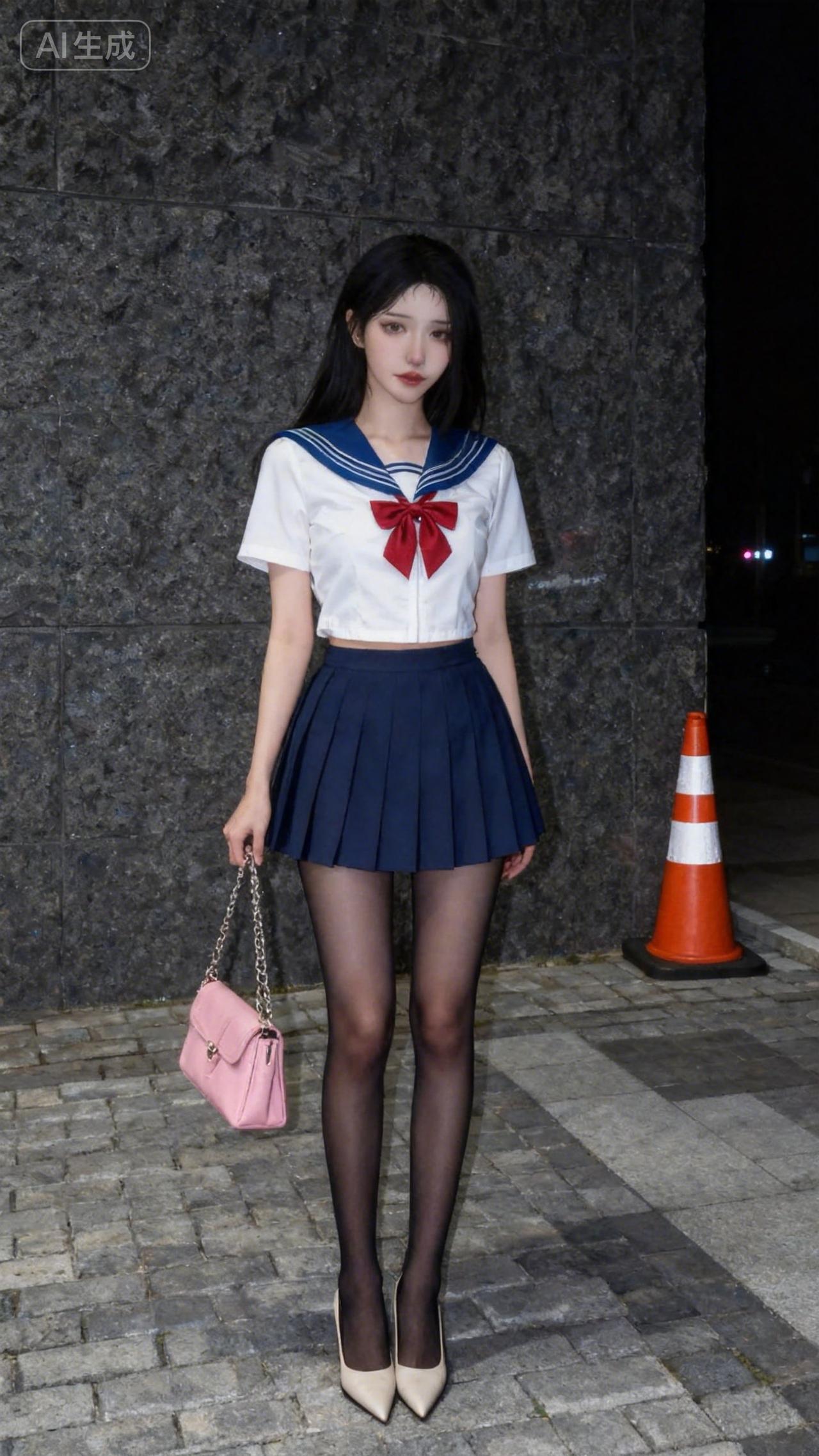 经典的水手服百褶裙套装，是永远不会过时的青春感代表！短款上衣刚好露出腰线，搭配藏
