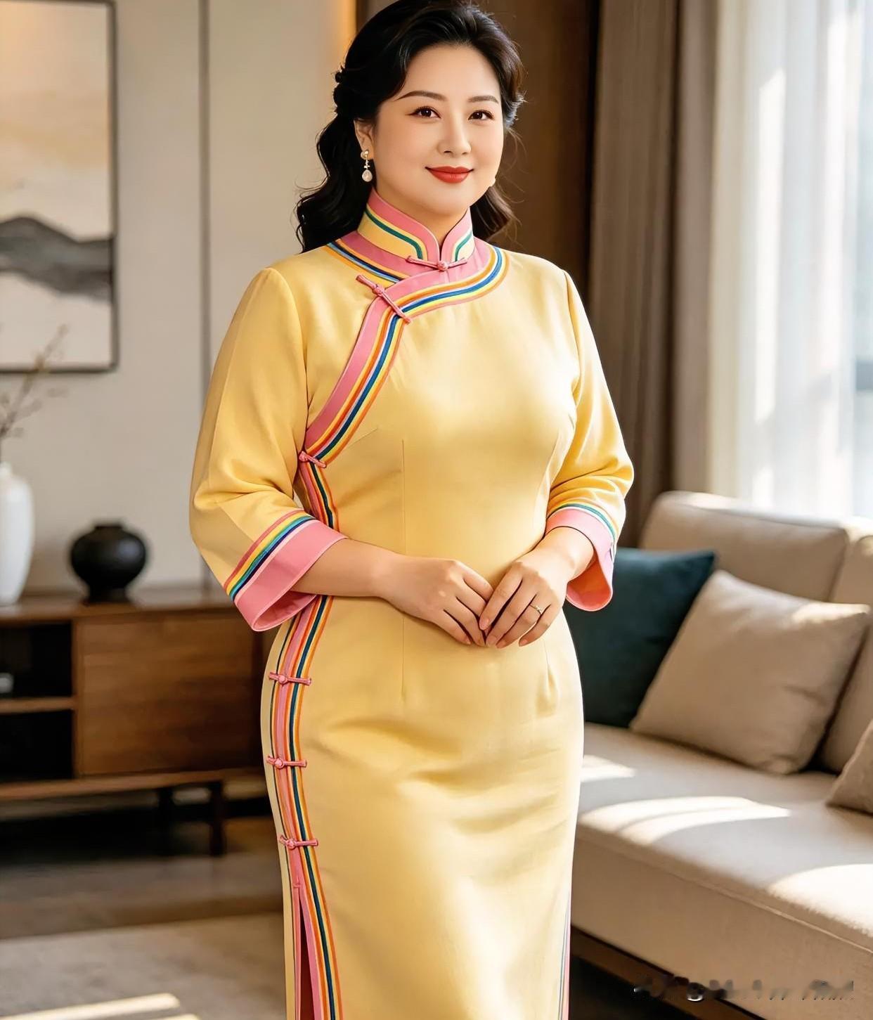 明黄如暖阳，粉彩镶边勾勒优雅。旗袍裹身，端庄娴静，眉眼含笑，于温润光影中尽显东方
