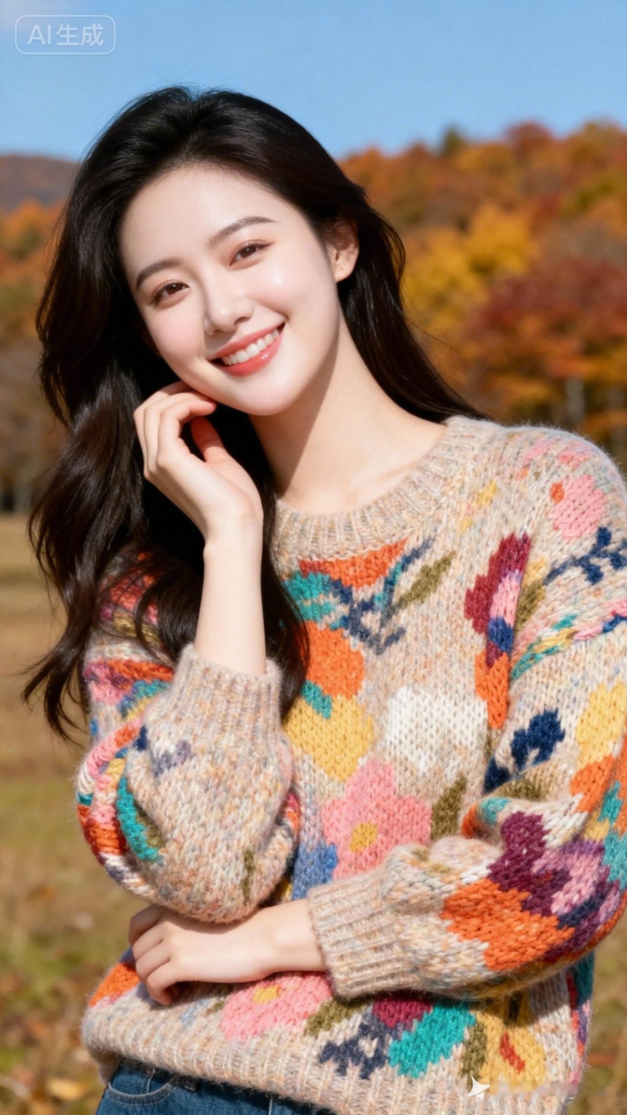 秋日暖阳下，甜美笑容绽放，花色毛衣温暖如春。
