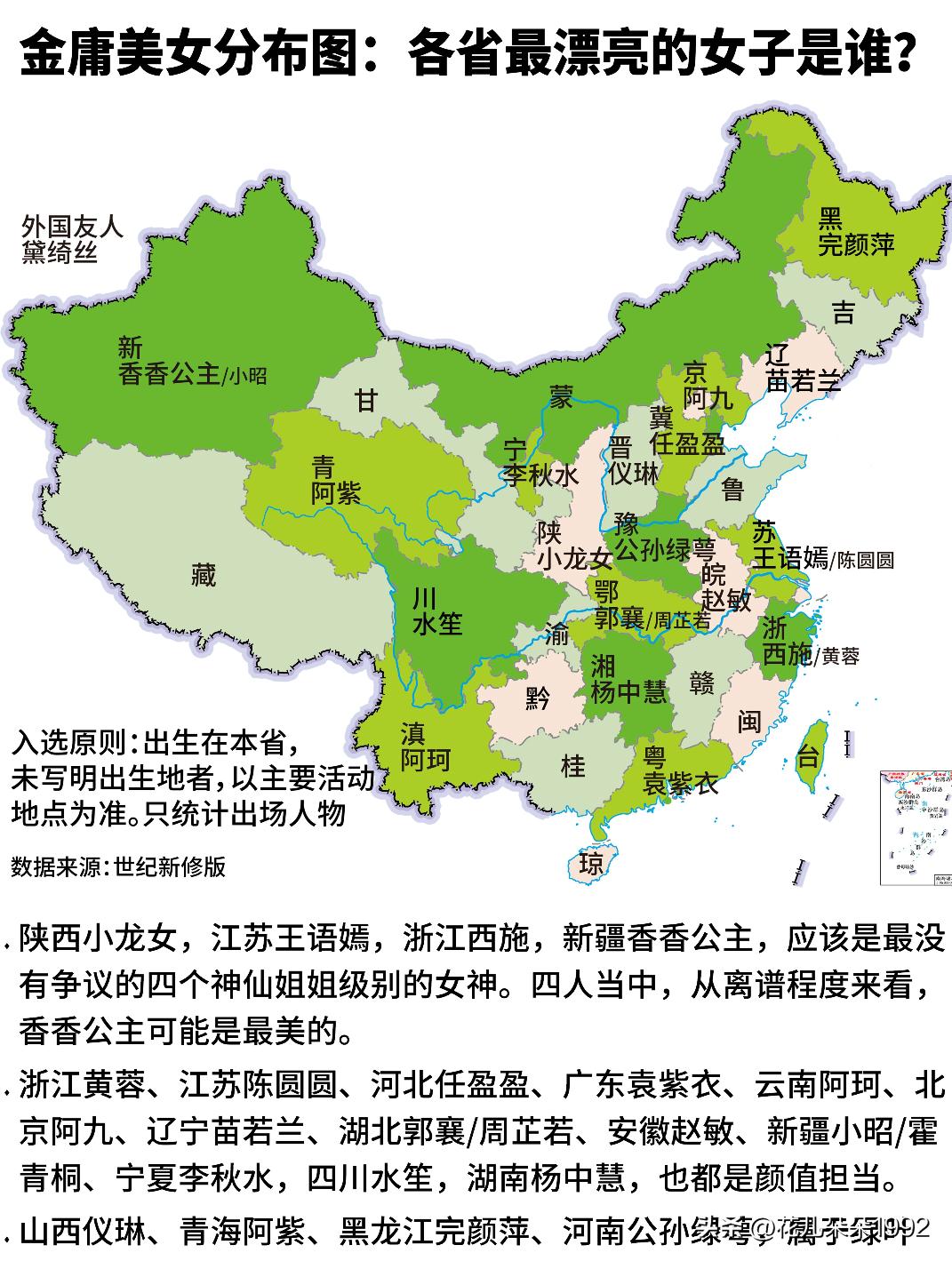 金庸美女分布图：各省的颜值天花板是谁？

T0级:
·新疆：香香公主
·陕西：小