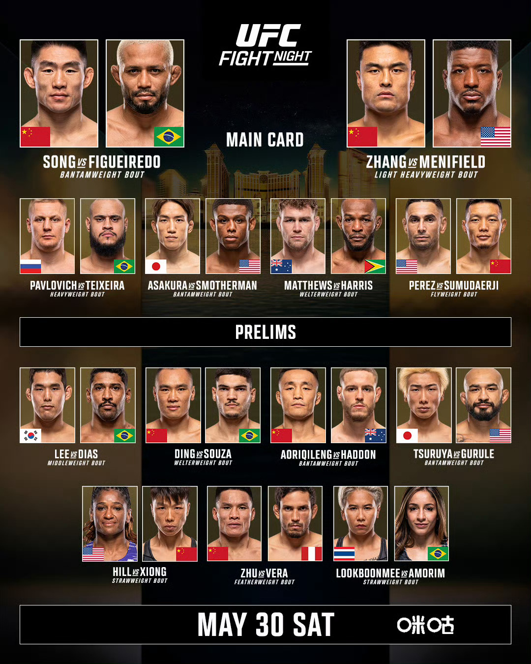 UFC张名扬vs梅尼菲尔德北京时间5月30日19:00（主赛时段），UFC澳门站