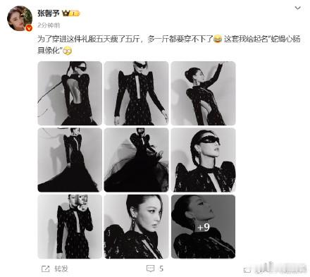 张馨予为了穿进礼服五天瘦了五斤  张馨予蛇蝎心肠具像化  张馨予最新微博动态：为