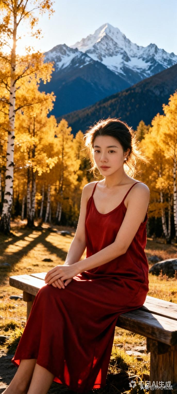 秋日暖阳下的红裙少女，与雪山相映成趣。