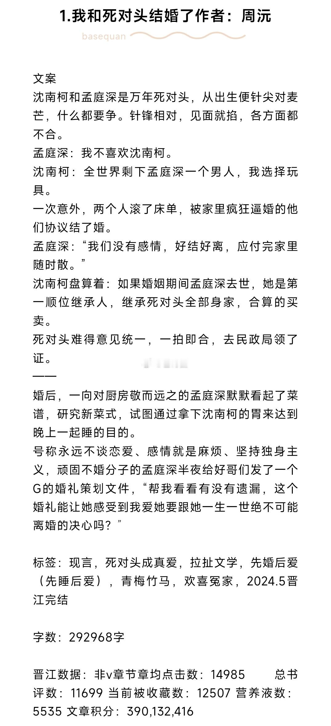 #芭莳圈推文[超话]##这小说剧情太顶了# 1.我和死对头结婚了 作者：周沅（晋