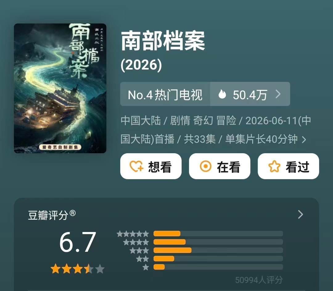 【云秀行豆瓣开分3.8】南部档案豆瓣开分6.7今天好多剧开分了！《云秀行》（豆瓣