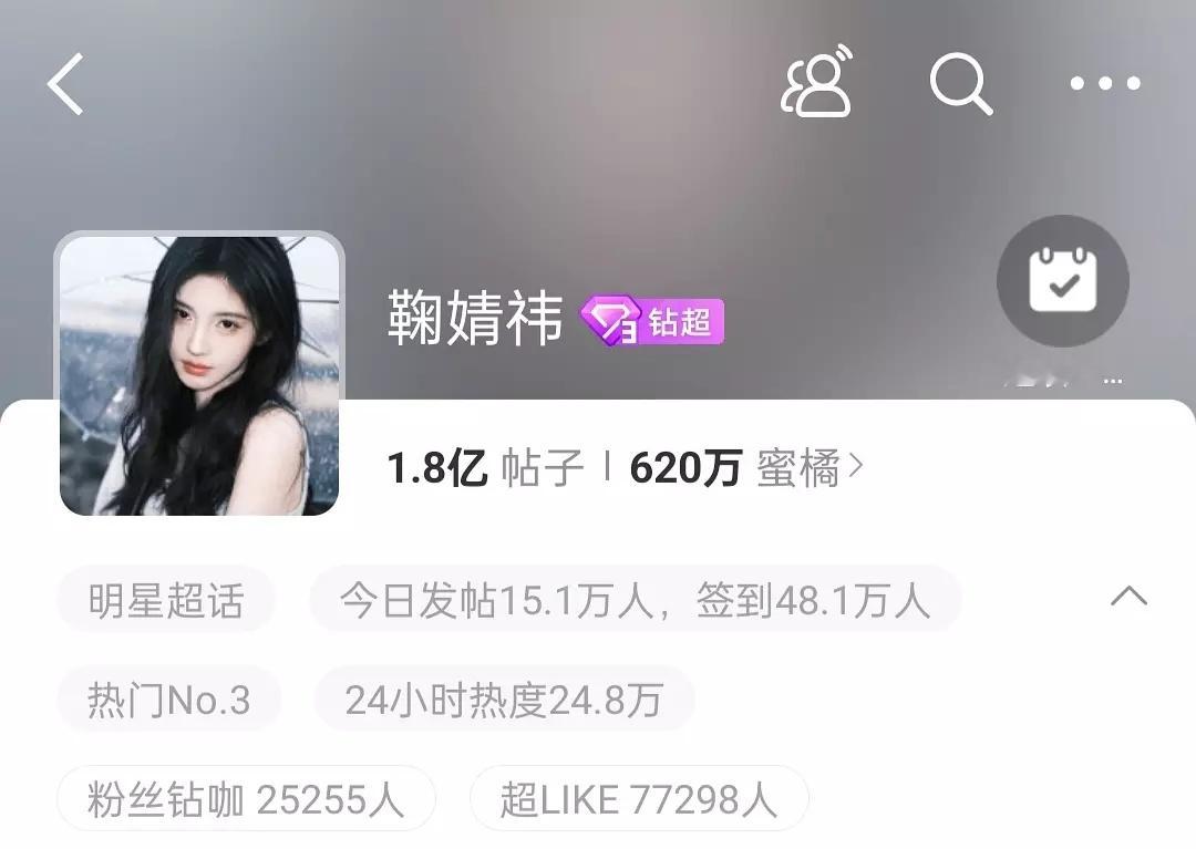 鞠婧祎签到破48w，超like7.7w＋就这样每天破自己的记录 ​​​