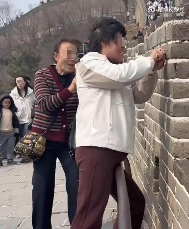 倆大妈，居然在长城上刻字留念[打脸]
照片上这两姐妹，到长城八达岭旅游。两个大妈