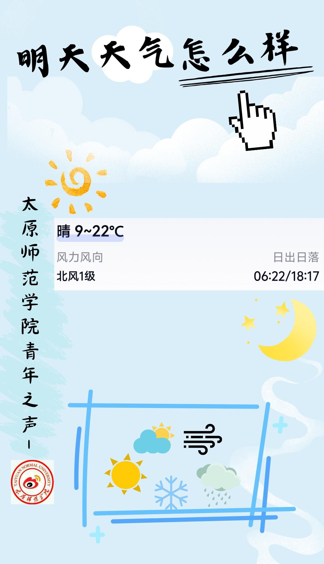 太原师范学院超话明天天气怎么样
明天的天气适合安排各种活动哦，但早晚温差还是要留