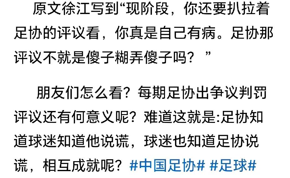 “现阶段，你还要扒拉着足协的评议看，你真是自己有病，足协那评议不就是傻子糊弄傻子