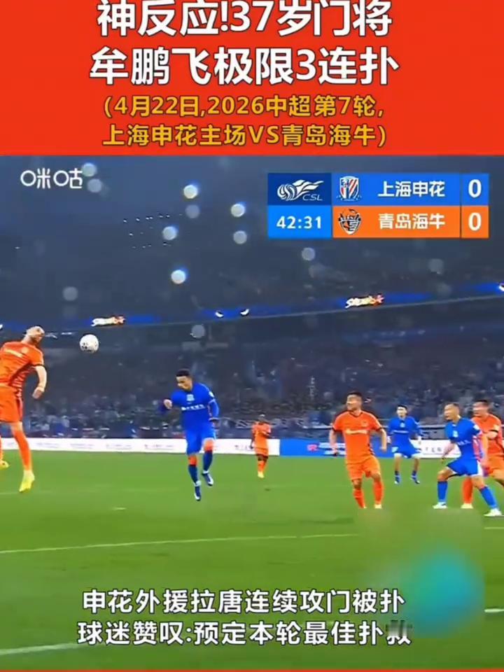 神反应！37岁门将牟鹏飞极限3连扑。
4月22日，2026中超第7轮，上海申花主