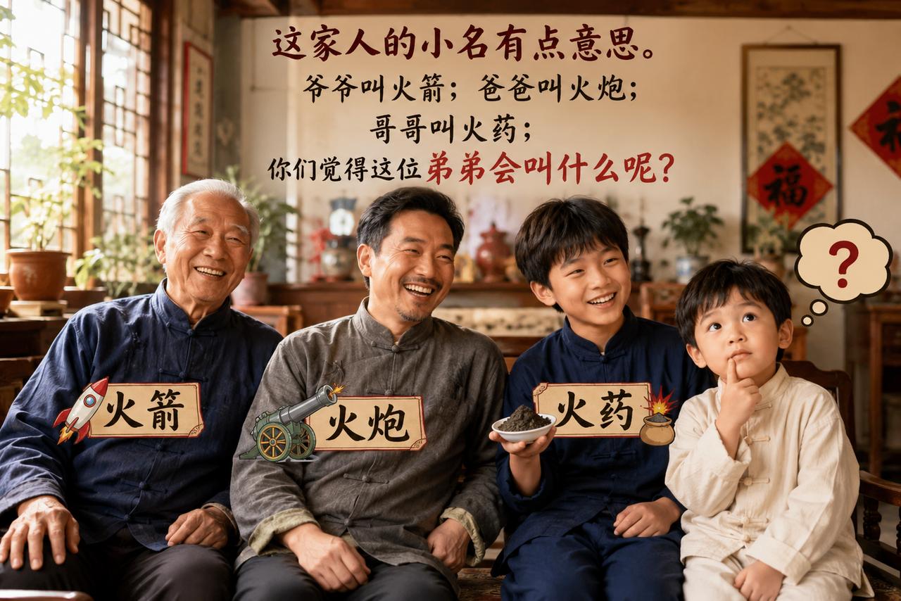 这家人的小名有点意思。爷爷叫火箭；爸爸叫火炮；哥哥叫火药；你们觉得这位弟弟会叫什