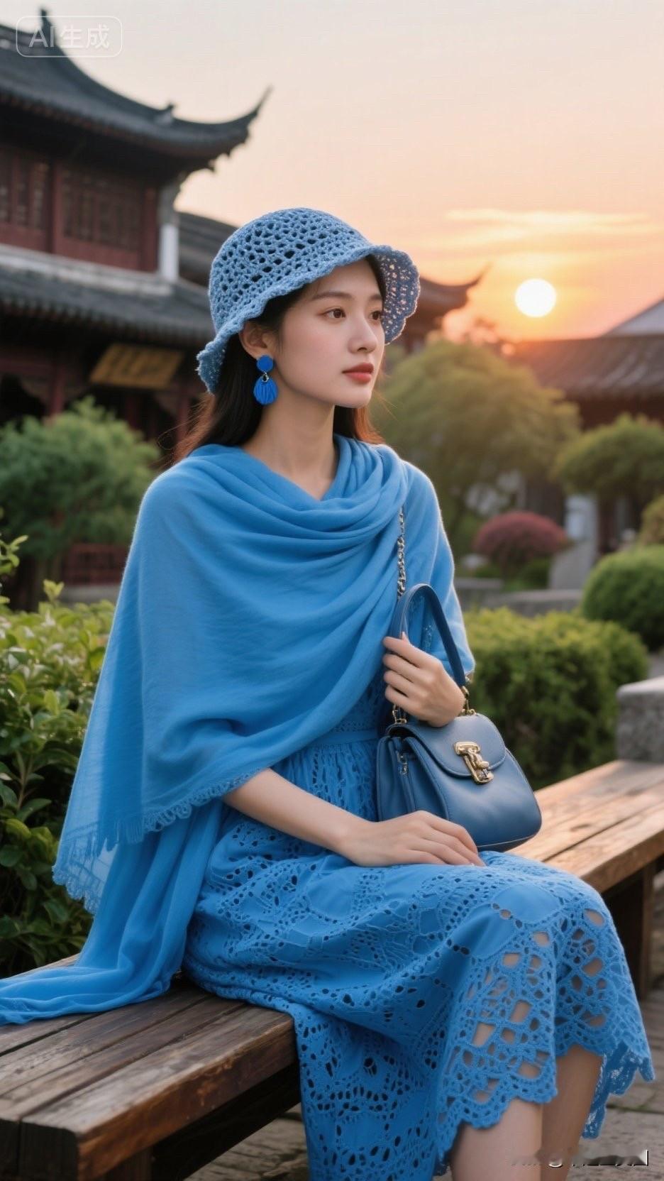 一个女孩坐在长椅上，夕阳西下。
