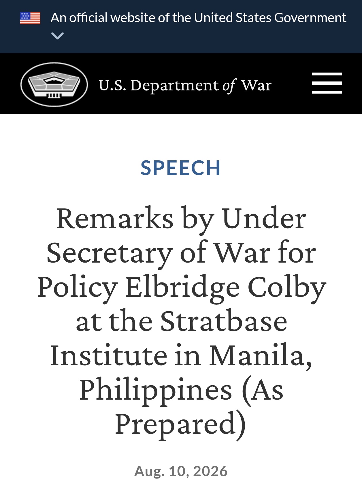 2026年8月10日，美国战争部政策副部长埃尔布里奇·科尔比（Elbridge 