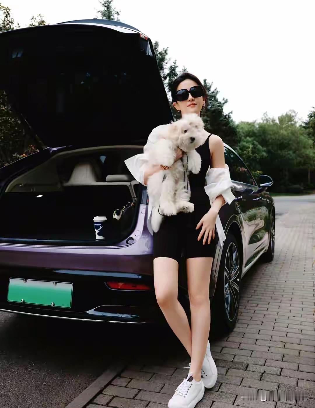 当清晨的阳光漫过街角的梧桐树，洒下一片斑驳光影，刘亦菲身着简约黑色休闲装，怀抱一