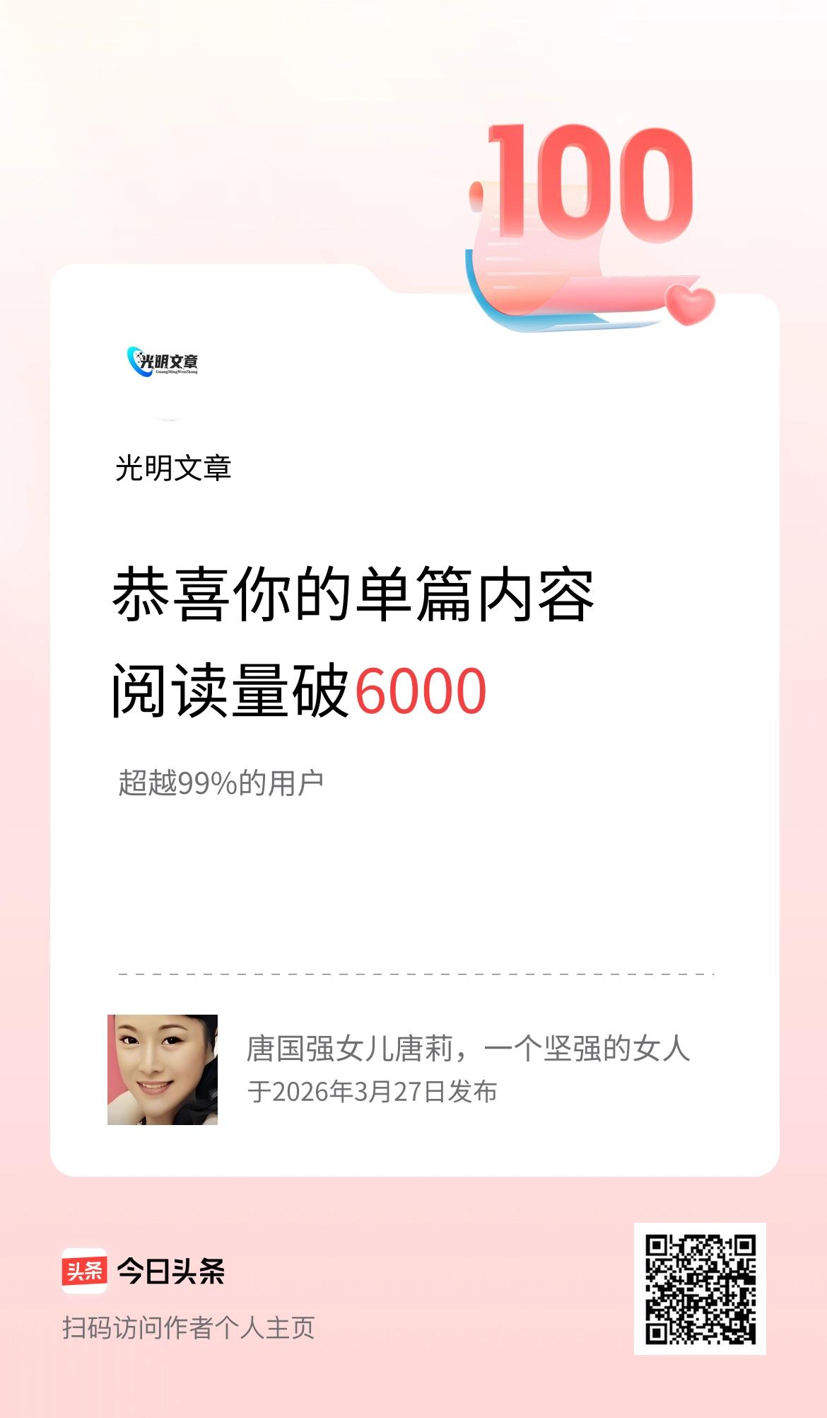 单篇内容获得阅读量破6000啦！