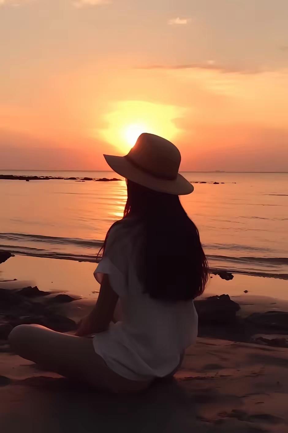她赤足踏入微凉的潮汐，
沙粒在趾缝间温柔呼吸。
海风掀起亚麻长裙的裙摆，
像一面
