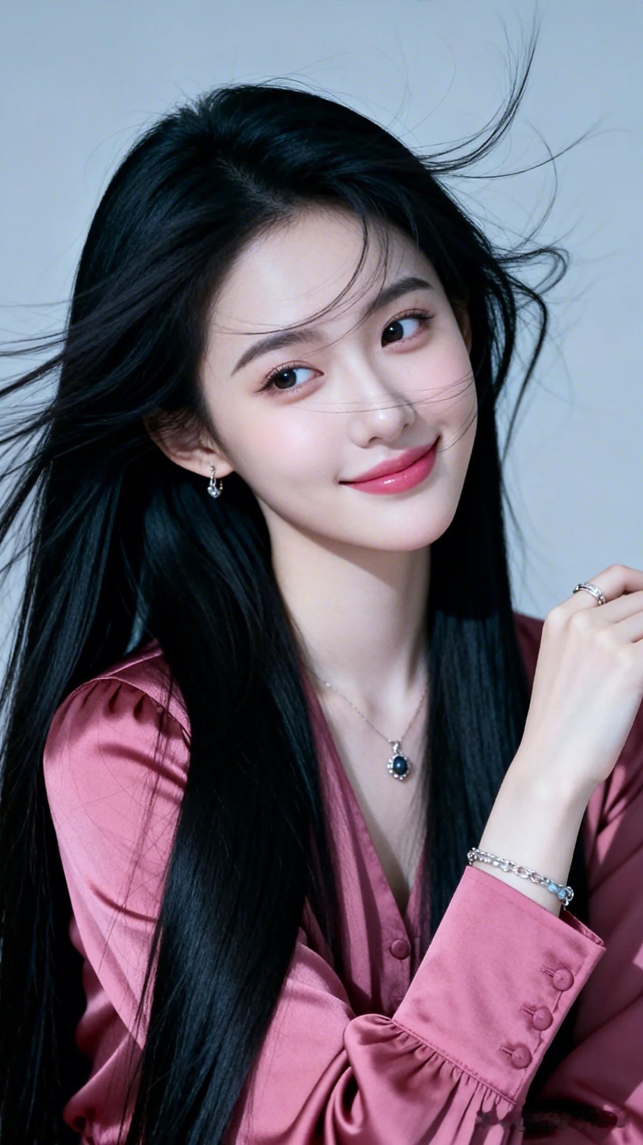 温柔甜美的少女，粉色的衬衫和黑色的长发相得益彰，散发着优雅的气息。