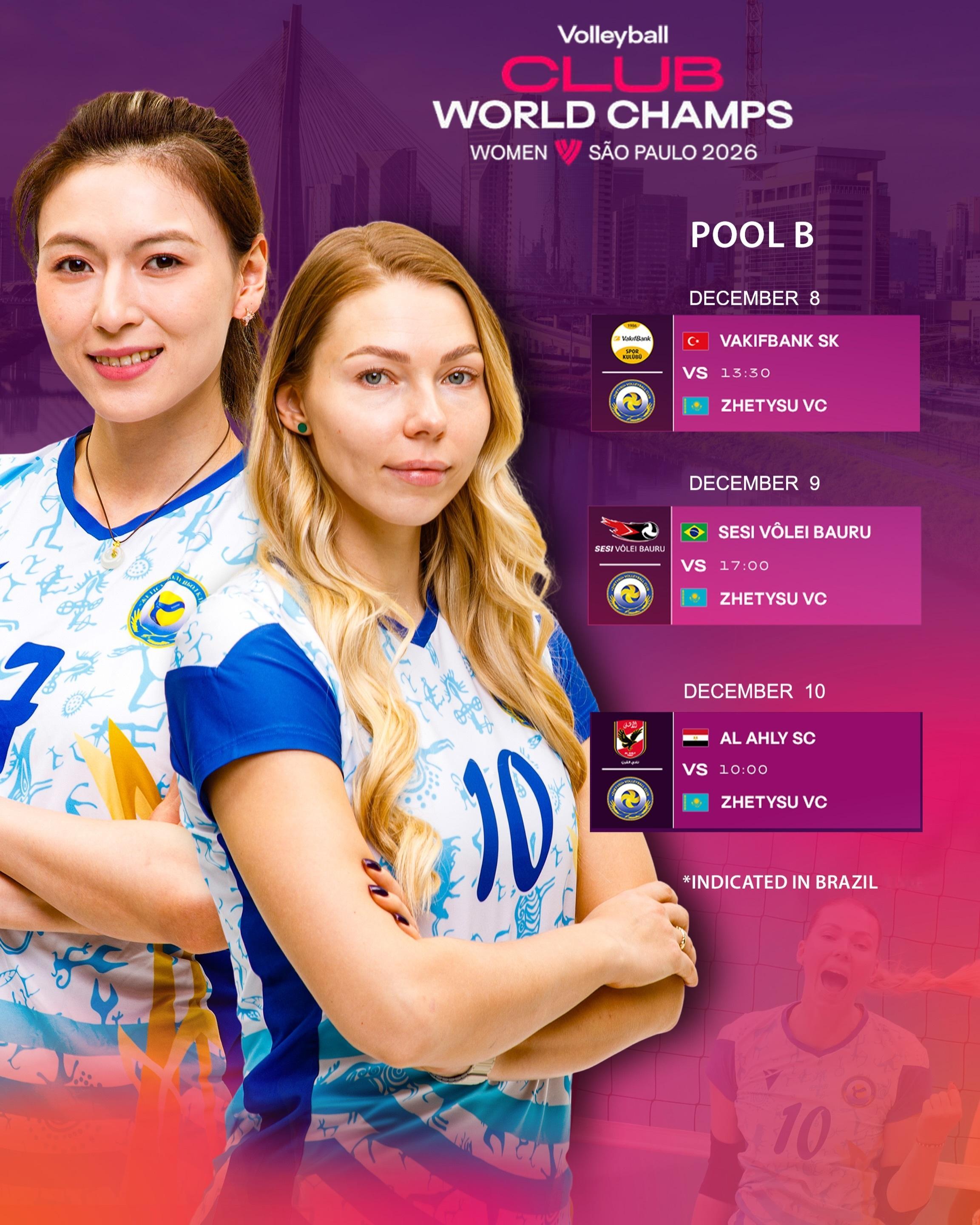 🏐2026女排世俱杯B组赛程出炉！缪伊雯效力的哈萨克斯坦杰特苏女排，将在巴西圣