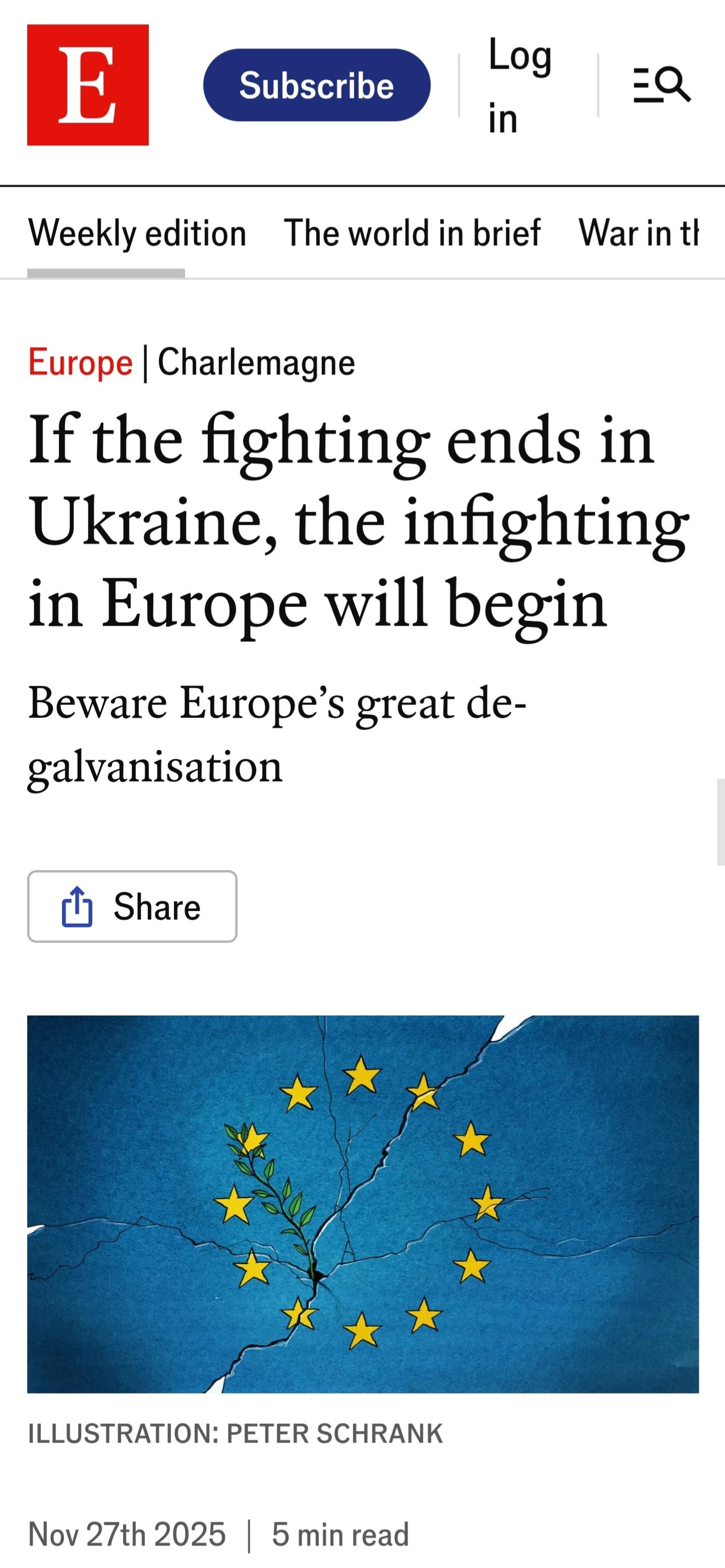 经济学人这篇文章认为，如果乌克兰的战火终于可以停息，欧洲的内部纷争将随之爆发。届