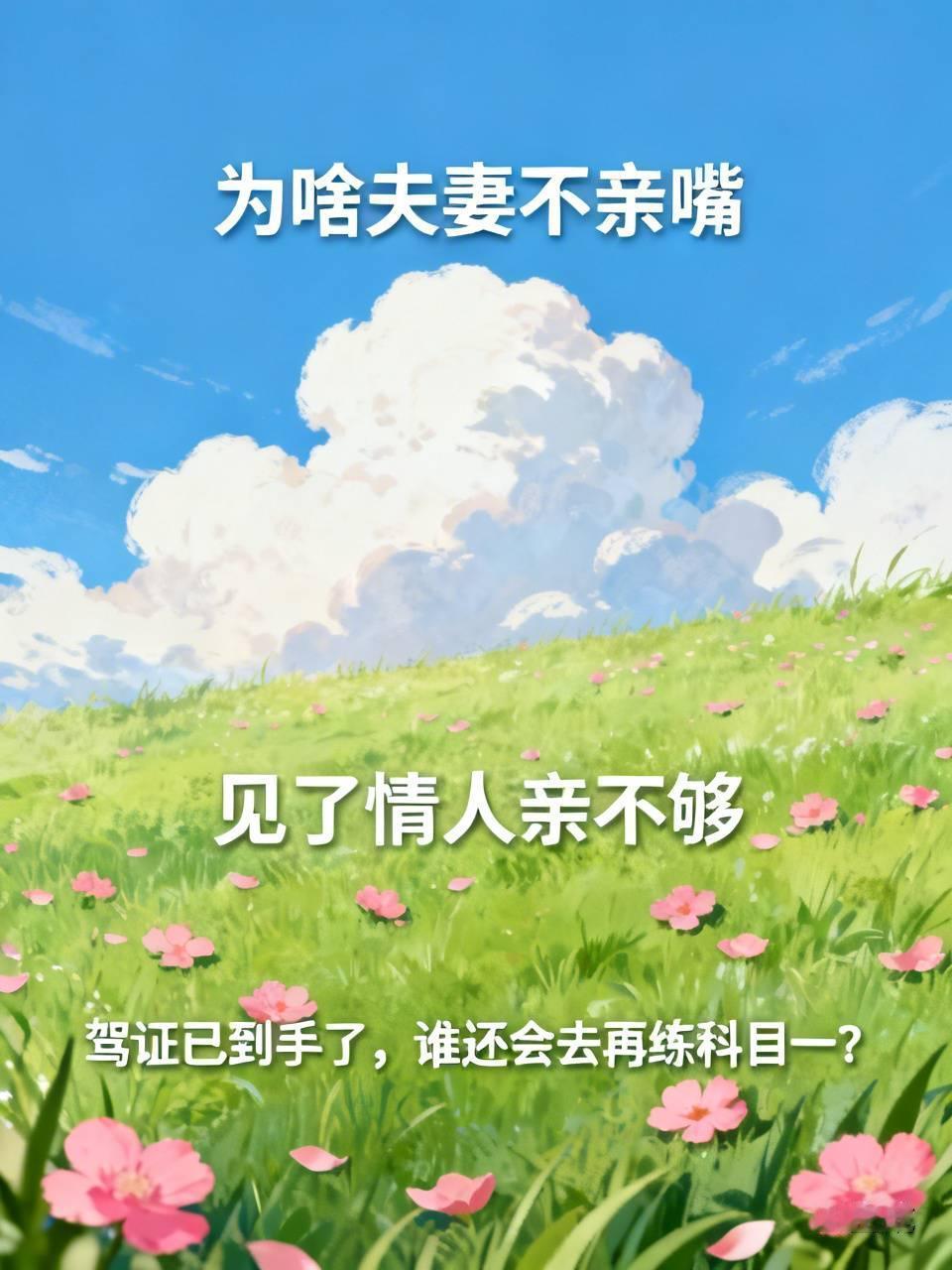 为啥夫妻不亲嘴
见了情人亲不够
到底哪个环节不一样
难道就是传说中的
驾证已到手
