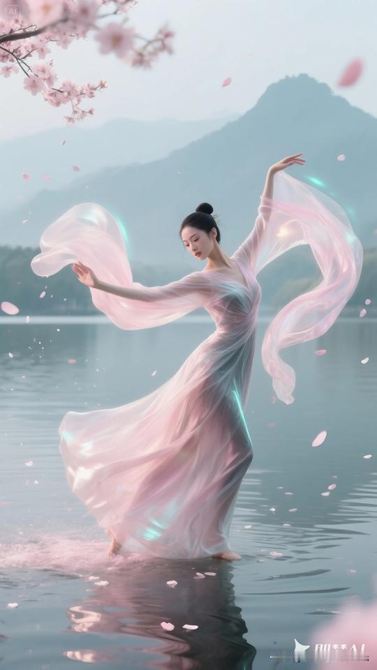 杭州美女穿着丝绸长裙在西湖边起舞