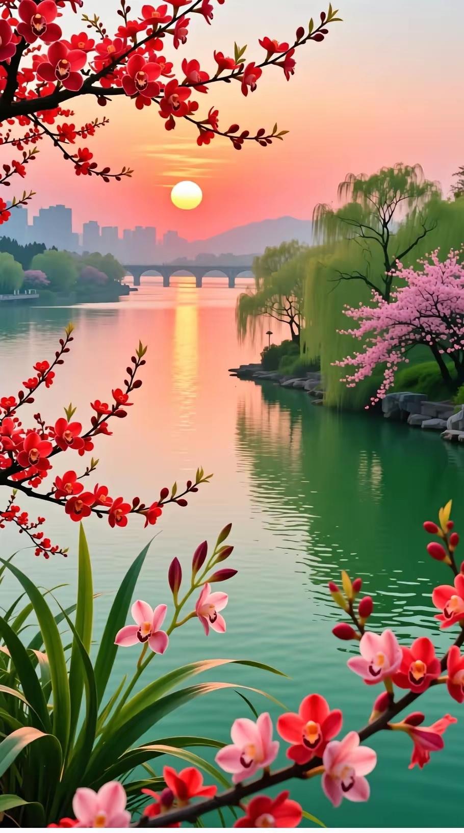 花落春江妆碧水，
月来大地伴家乡。
横批：《妆扮》