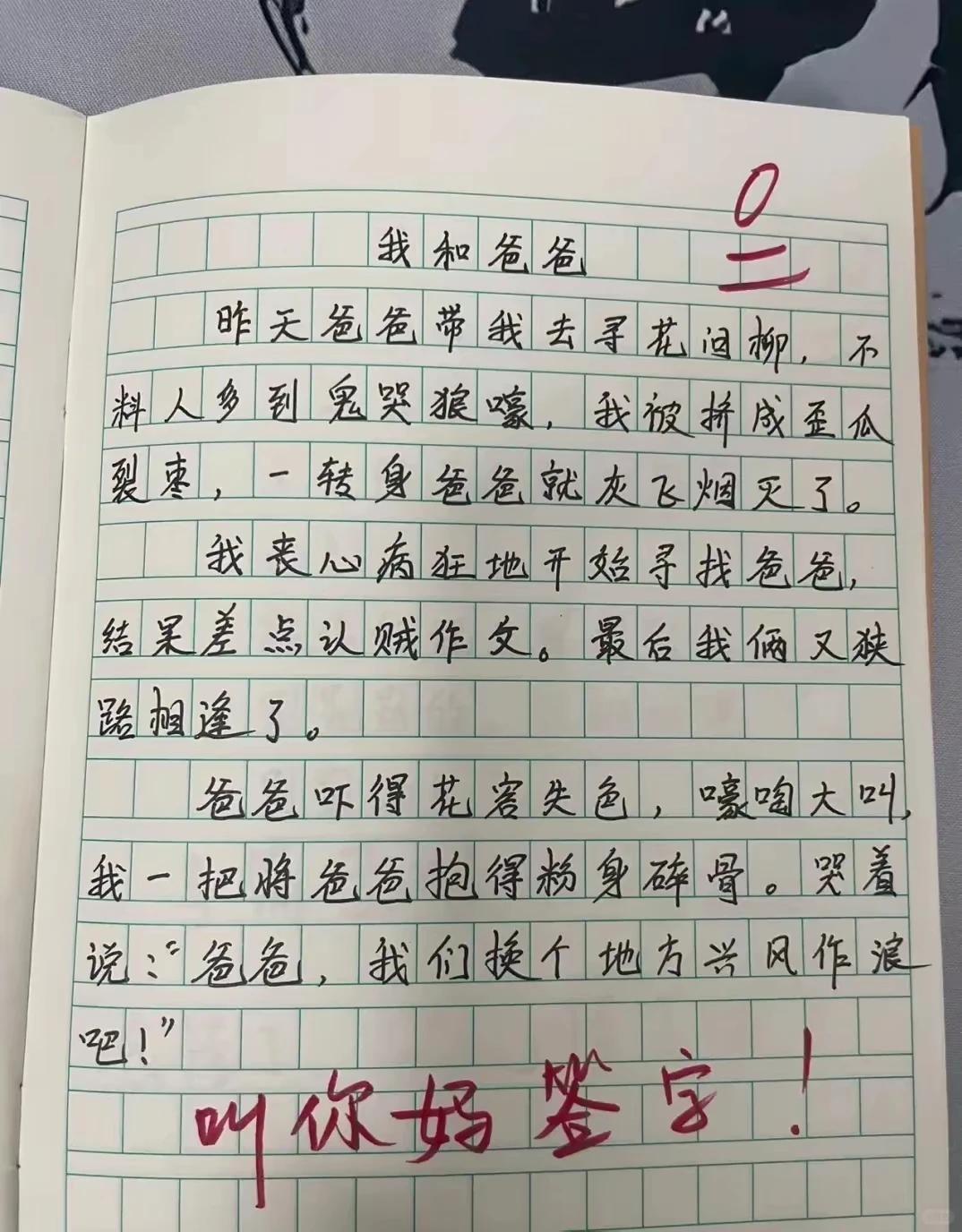 一篇搞笑小学生作文《我和爸爸》，描写和爸爸出游走散的经历。

孩子努力想要用上成
