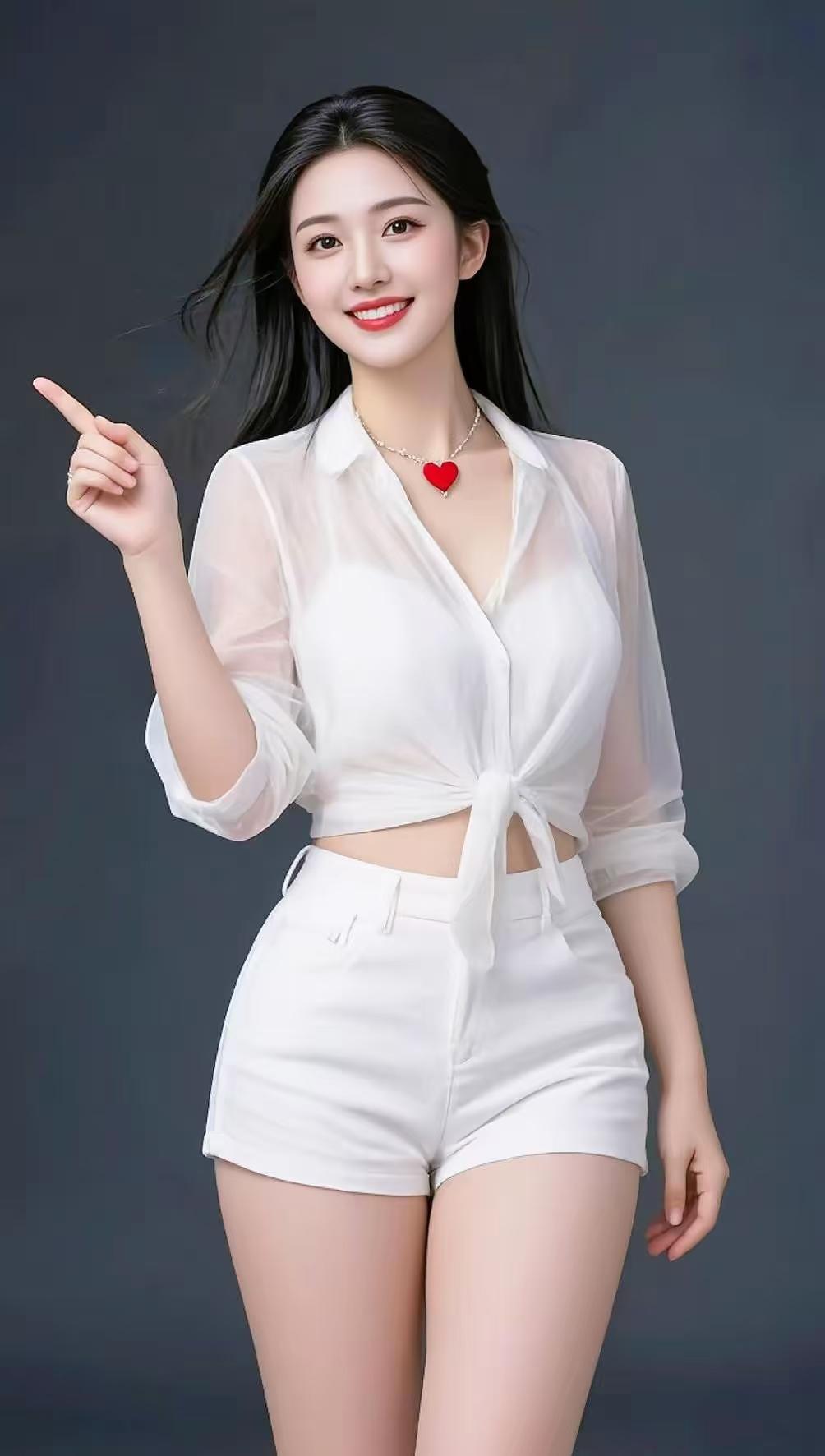 全套纯白简约穿搭亮眼夺目，红心项链增添灵动俏皮，少女抬手指向远方，柔光衬清透肌肤
