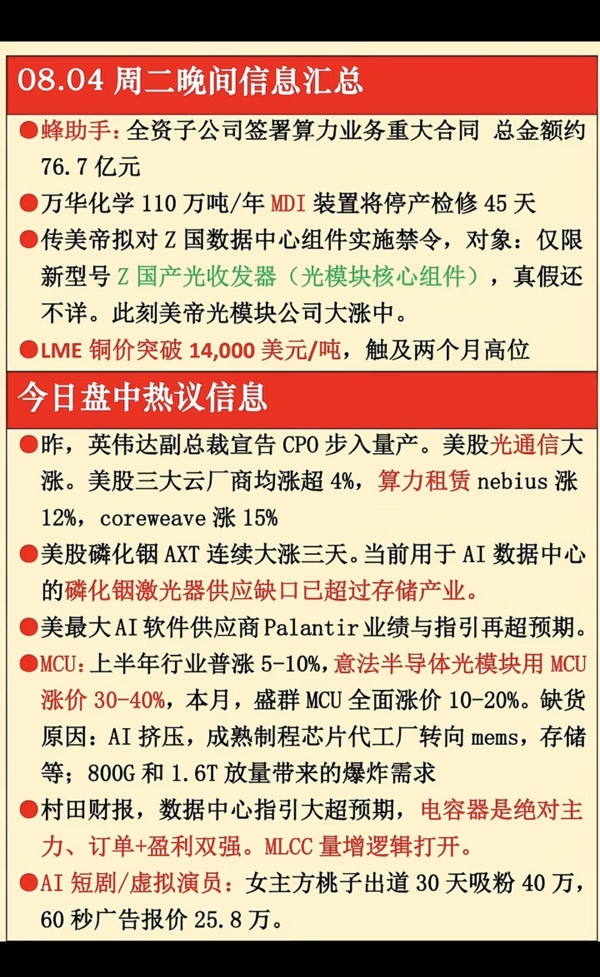 8.4周二  晚间：财经热点必读！

1.金属铜，价格上涨
2.磷化铟激光器
3