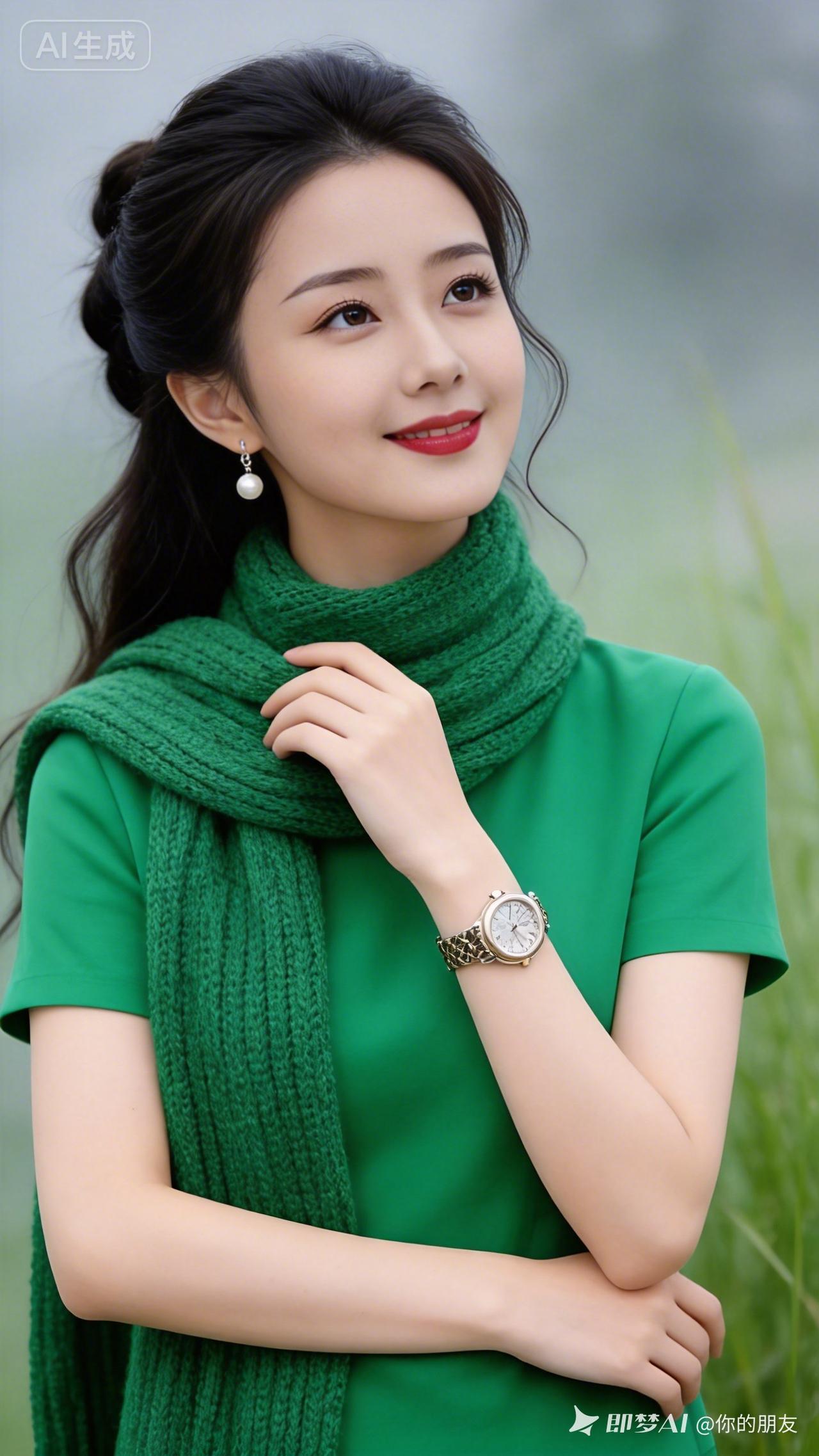 真人写实摄影，女子黑发盘起发丝灵动，身着艳绿简约上衣配同色针织围巾，戴精致腕表姿