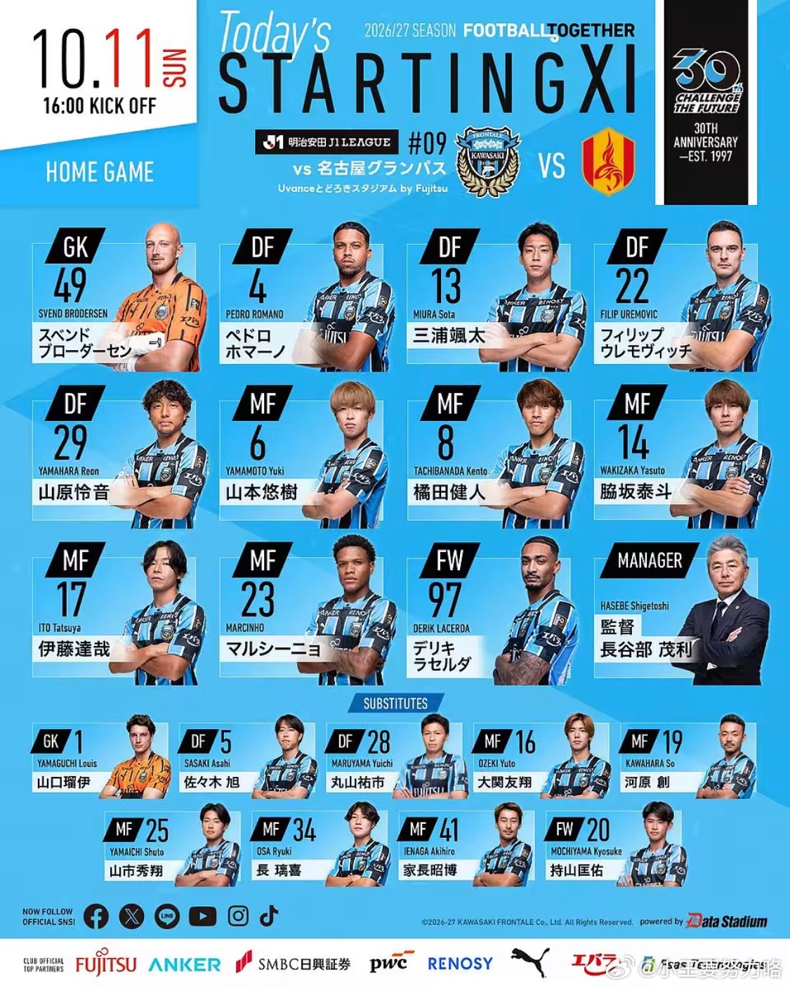 川崎vs名古屋首发：马尔西尼奥、永井谦佑先发，胁坂泰斗在列10月11日 26/2