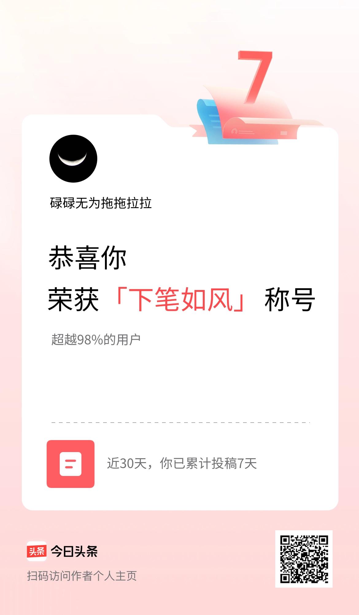 我在头条30天内投稿打卡7天，获得“下笔如风”称号