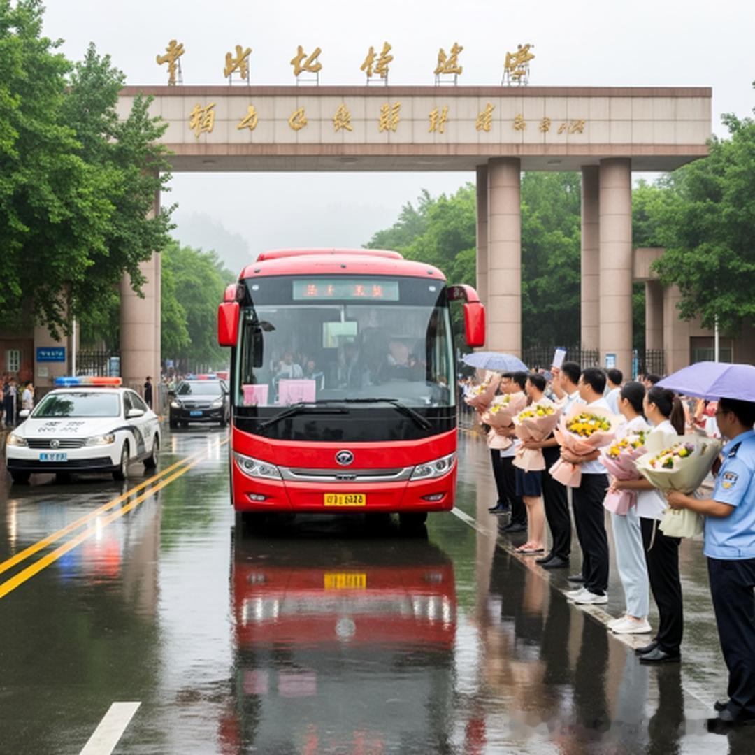 毛坦厂高考送考现场，雨中的红大巴车牌91666，谐音就要录录录 