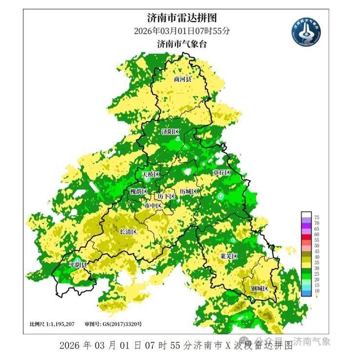 今天济南阴有小到中雨转小到中雪，山区局部有大雪！截至今天（3月1日）8时，济南市
