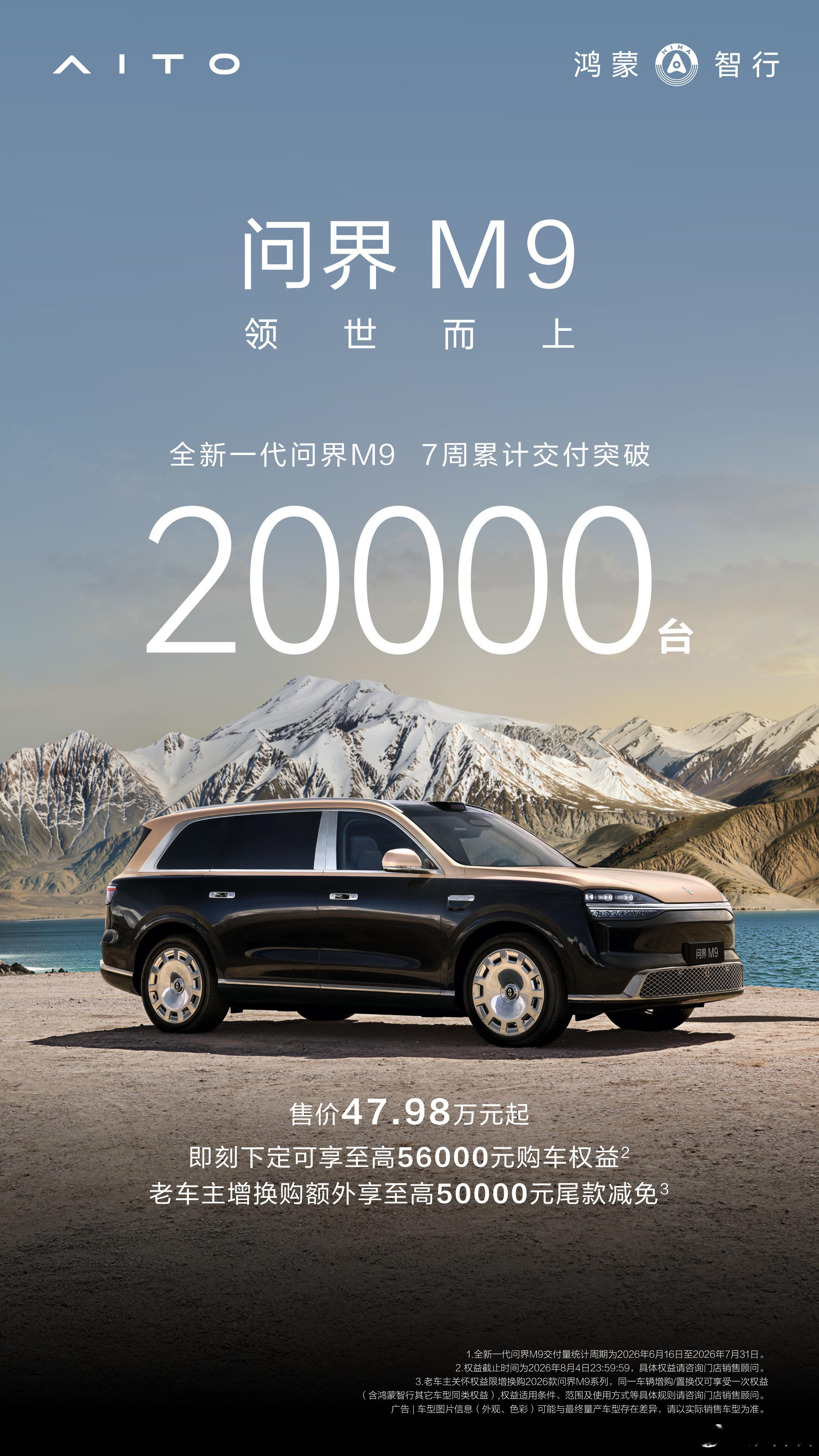全新一代问界M9交付开启7周累计交付量突破20000台！感谢每一份信任，我们继续